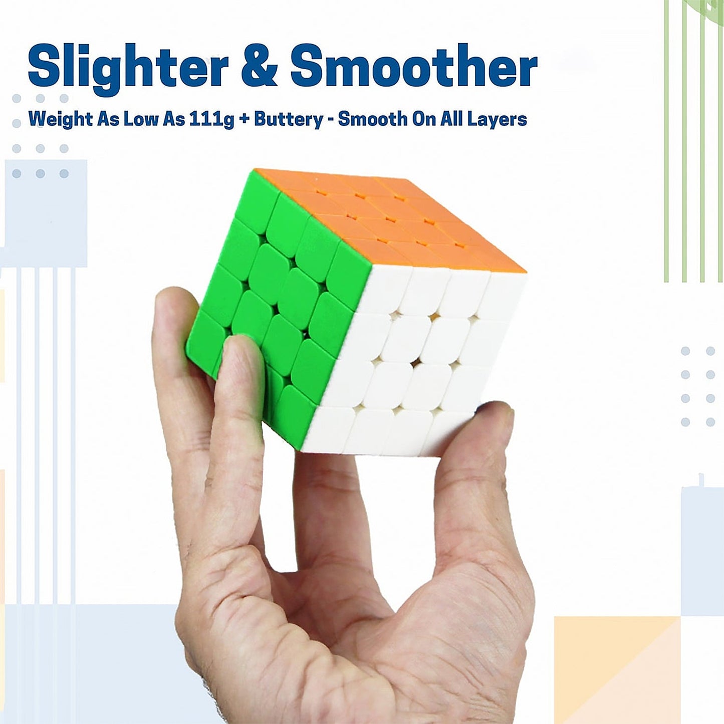 A hand holding the 4x4x4 high-speed magic cube puzzle, ready for solving.