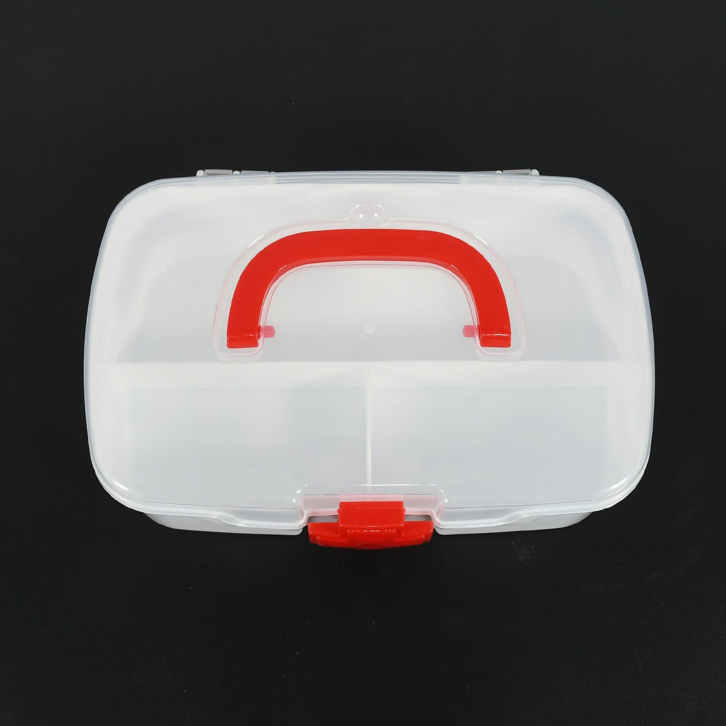 Detail shot of the carrying handle and secure latch mechanism on the portable first aid kit box.