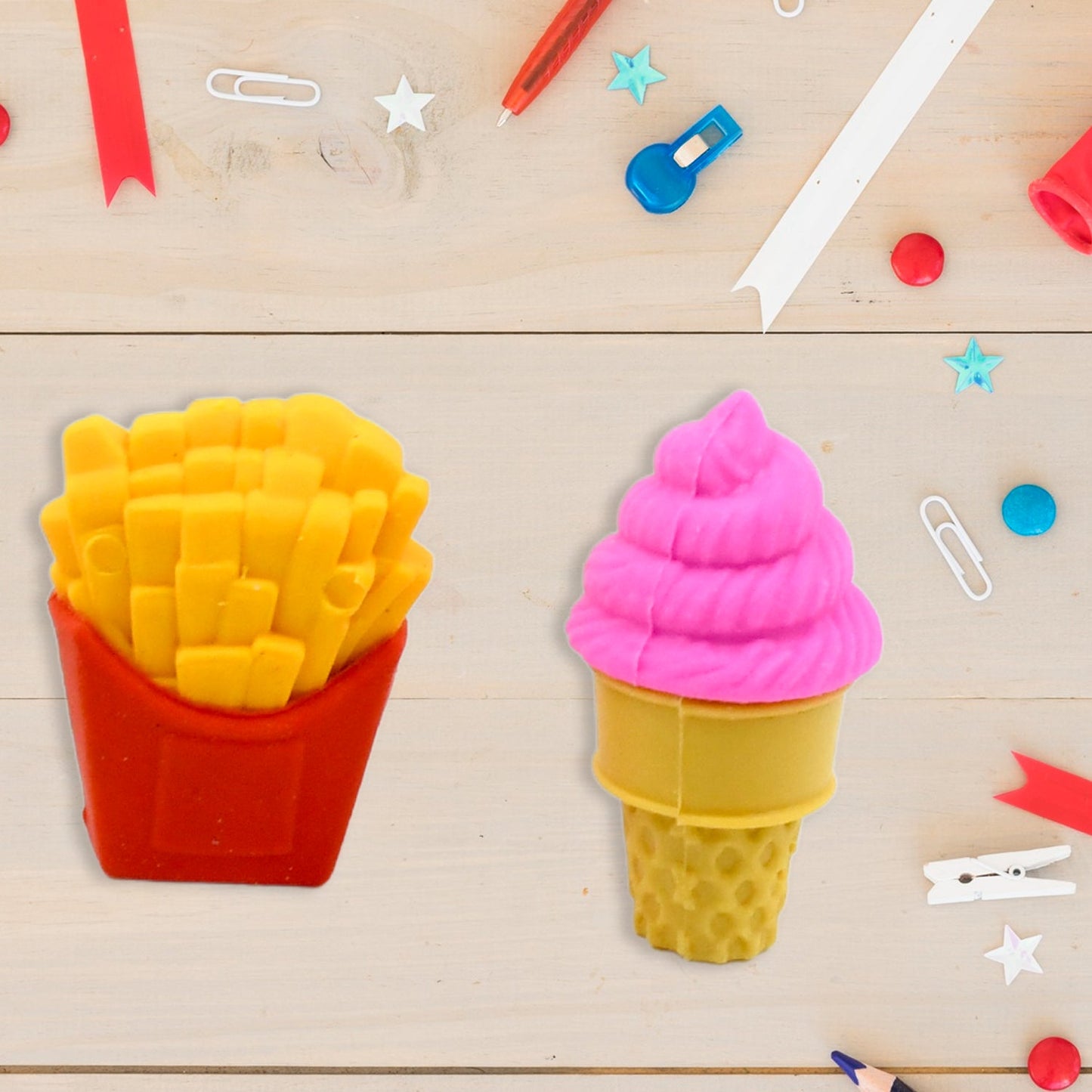An appealing assortment of colorful 3D food erasers for kids.