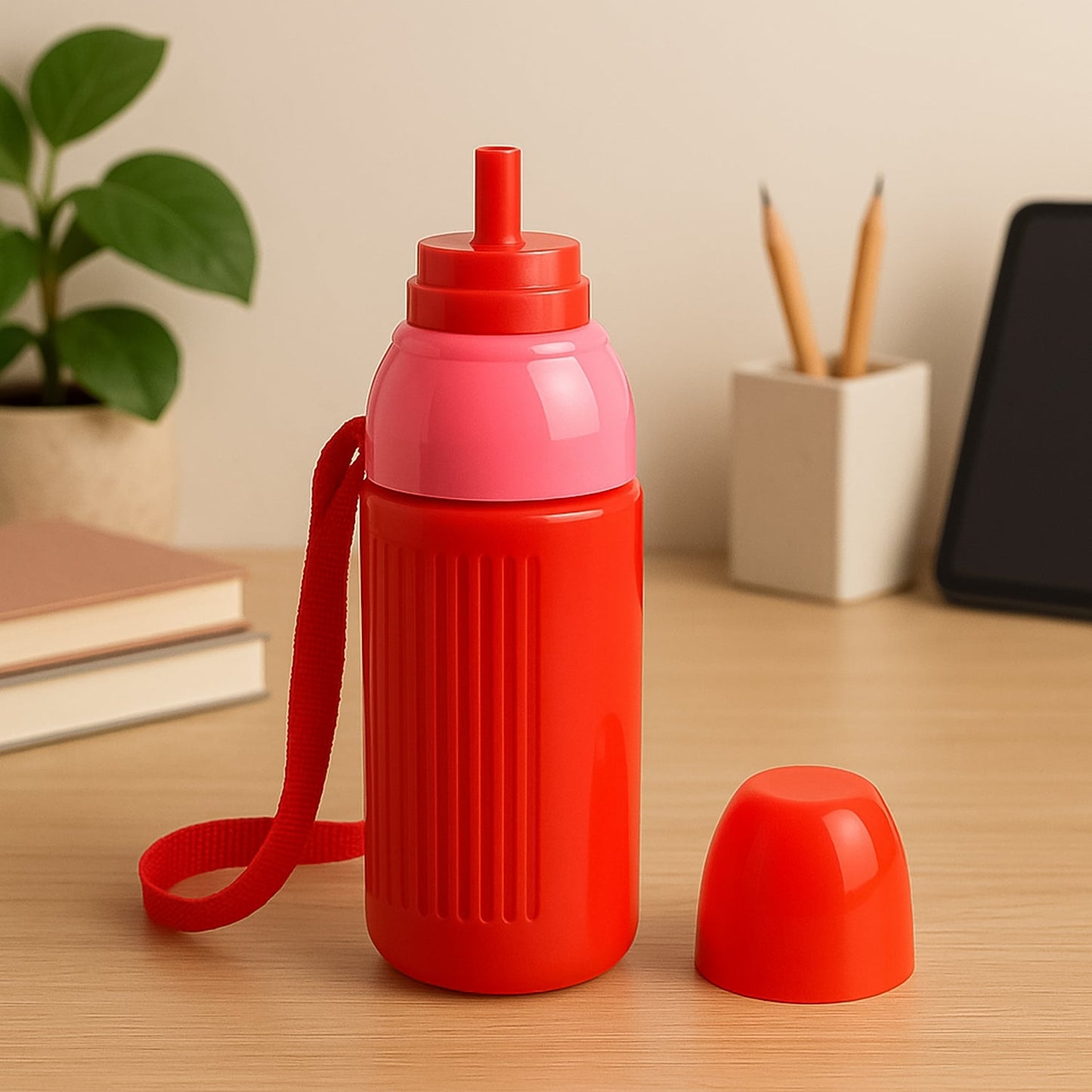 Close-up of the kids insulated water bottle's screw-on lid and cup.