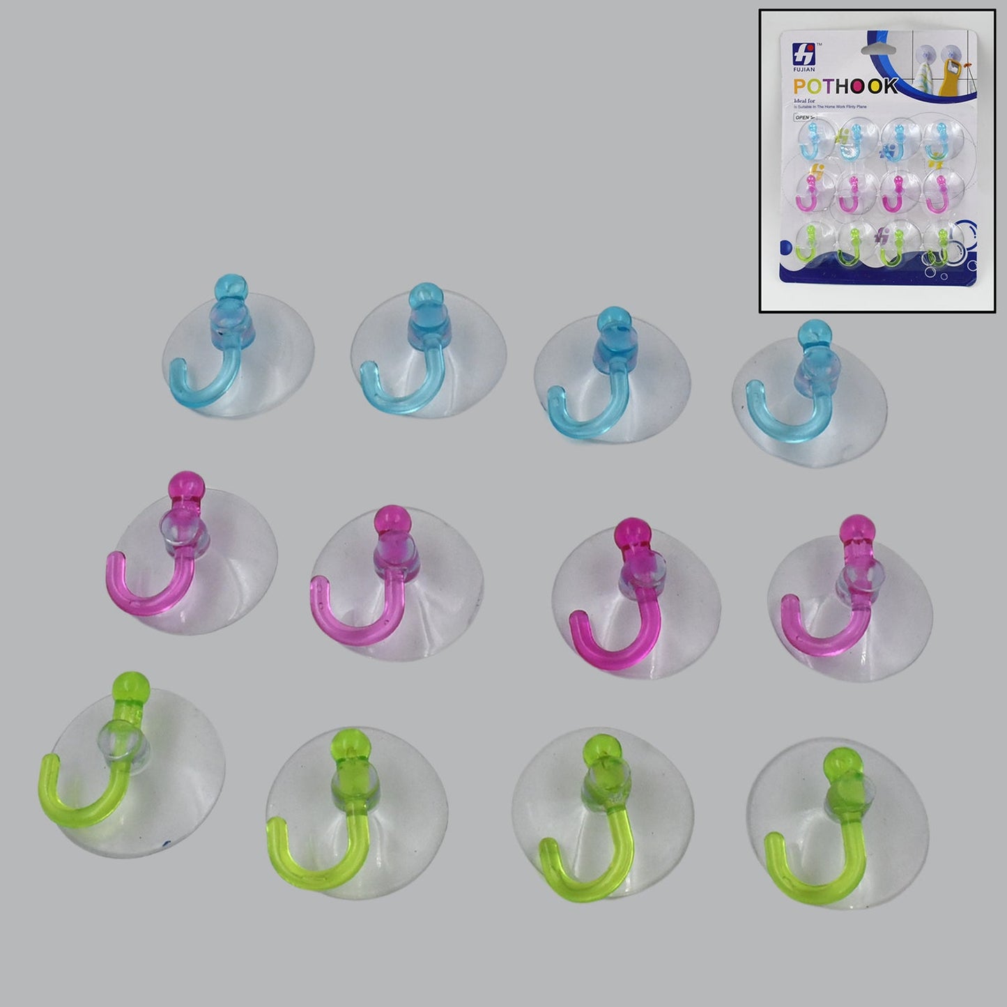 Clear transparent suction hooks displayed neatly for easy home organization.
