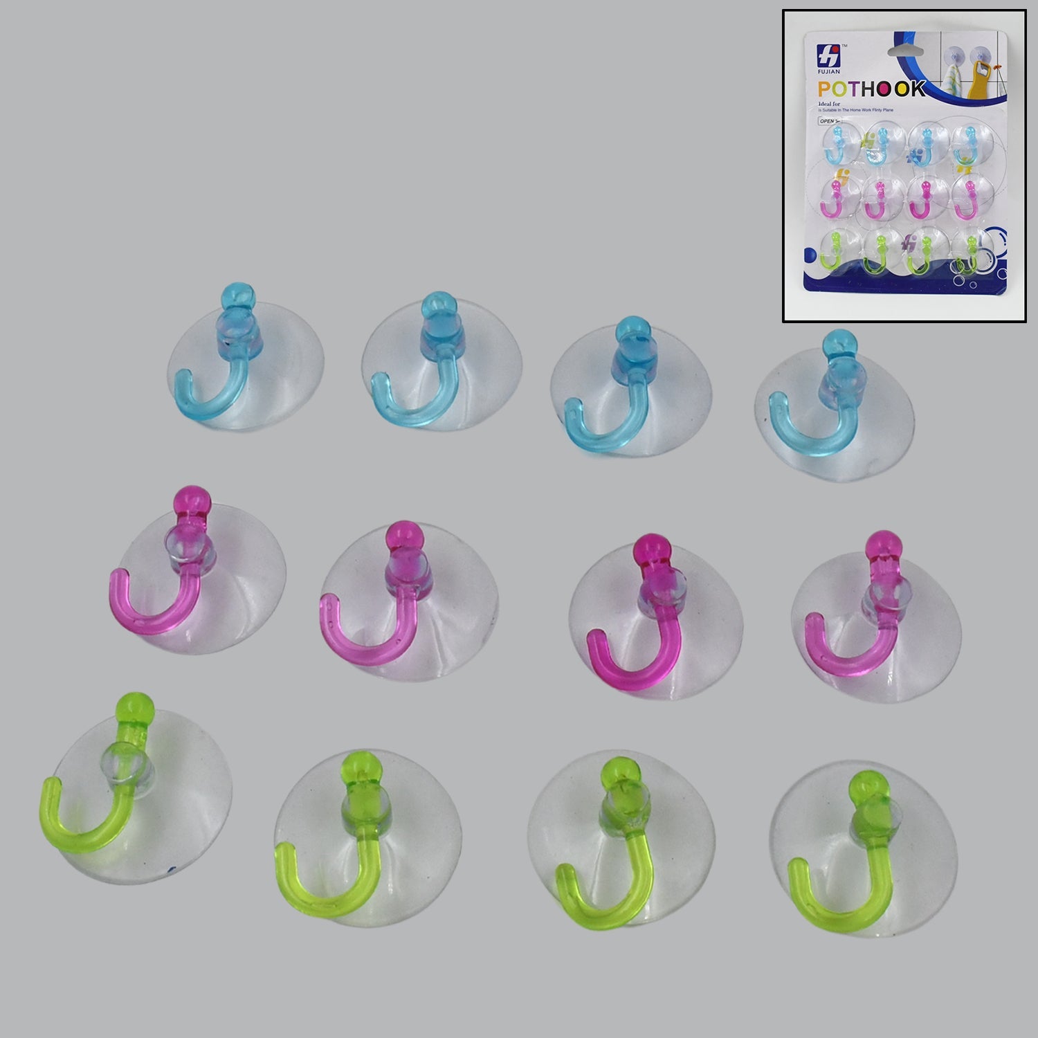 Clear transparent suction hooks displayed neatly for easy home organization.
