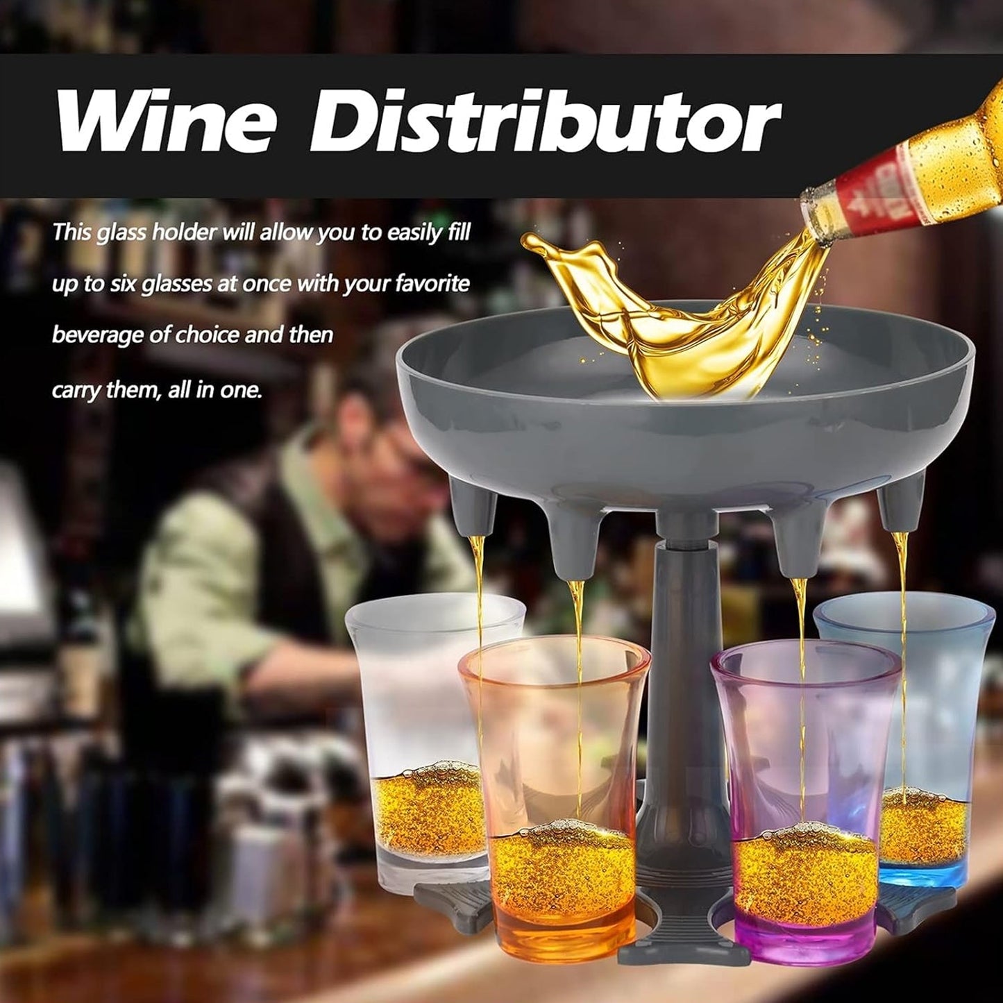 The multi-drink dispenser efficiently pouring a beverage into all six shot glasses.