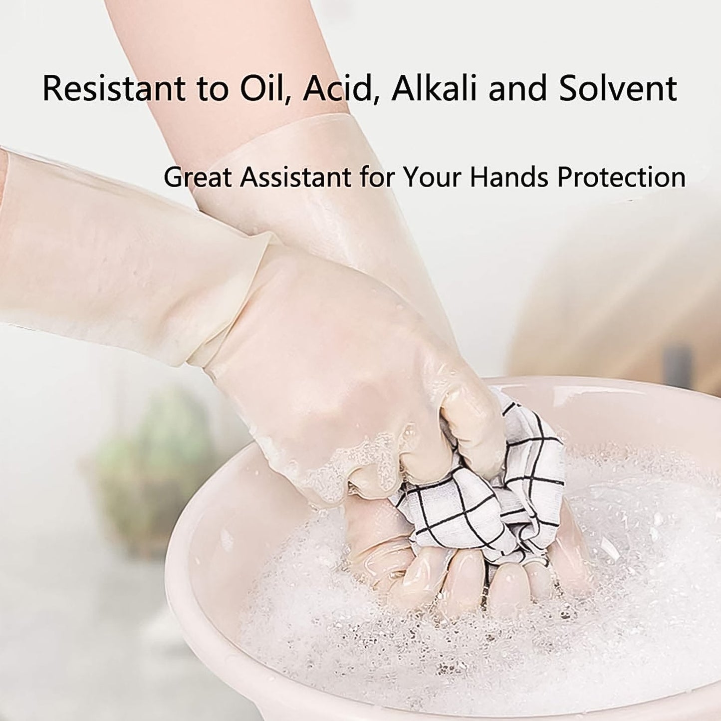 Flexible PVC gloves worn for pet grooming tasks, protecting hands.