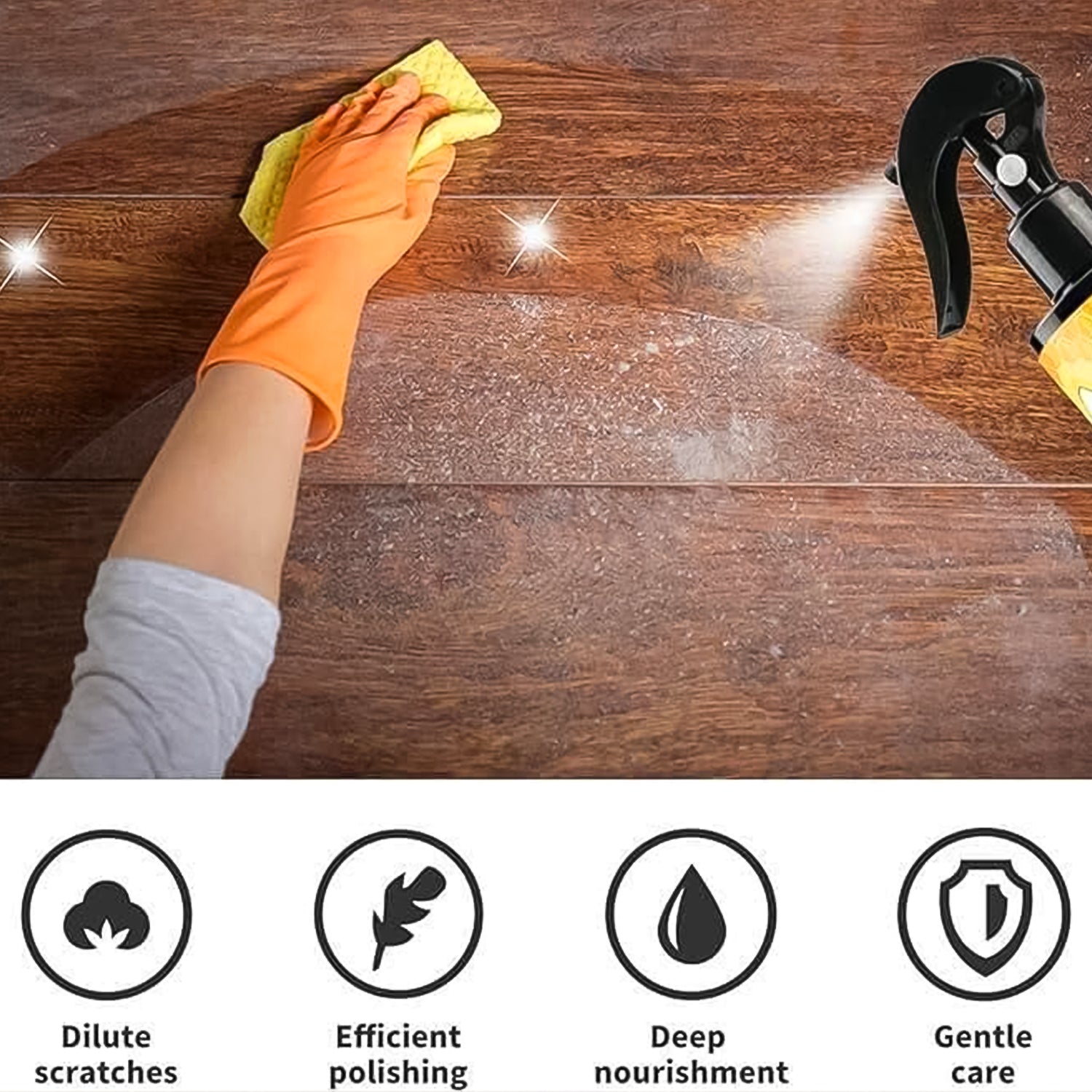 Wood polish spray enhancing natural grain of wooden furniture
