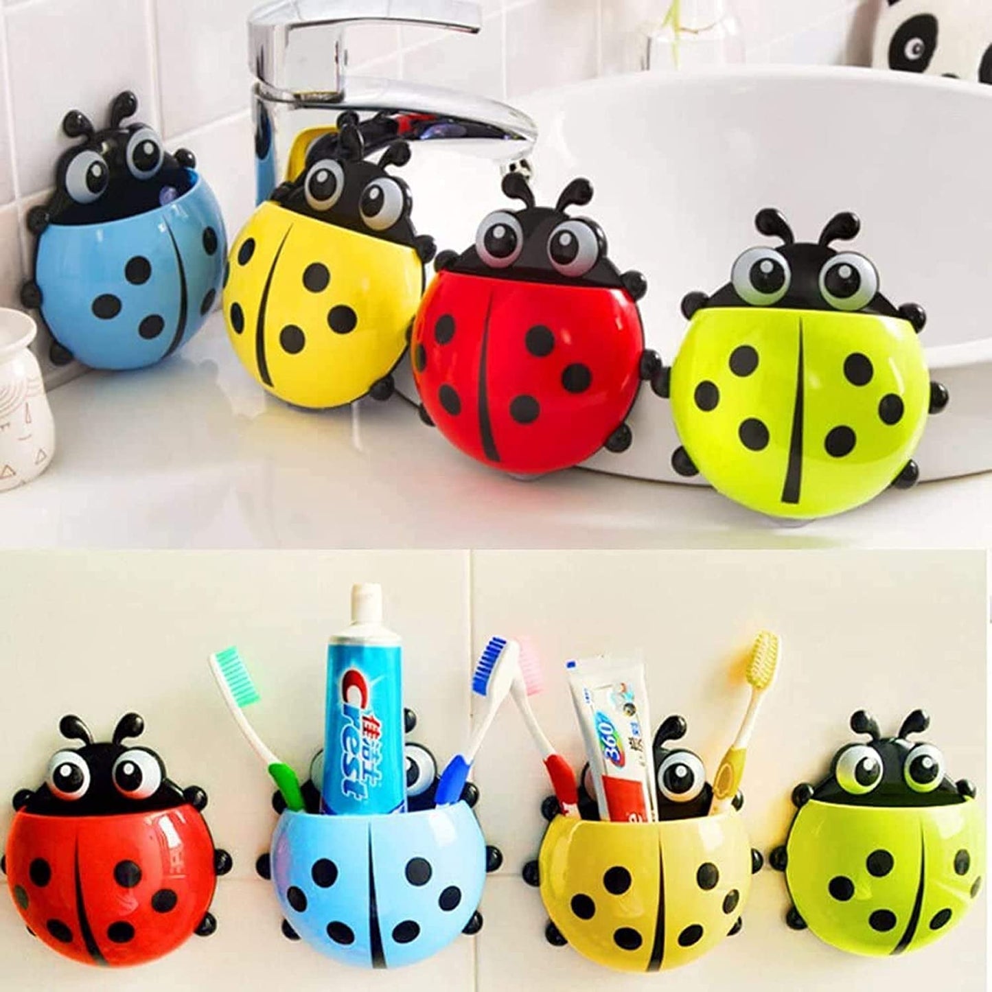 Ladybug toothbrush holder in active use, keeping brushes organized.