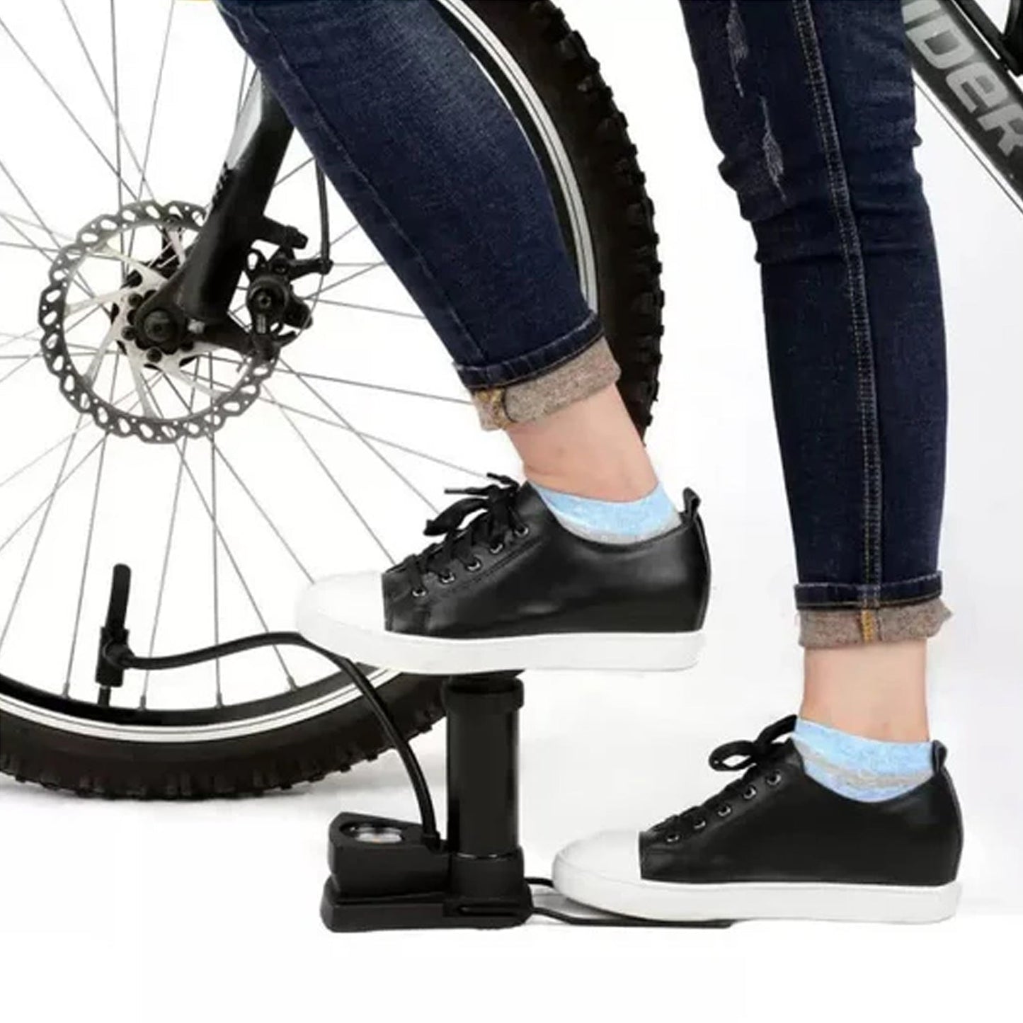 Manual foot air pump with hose and nozzle attachments