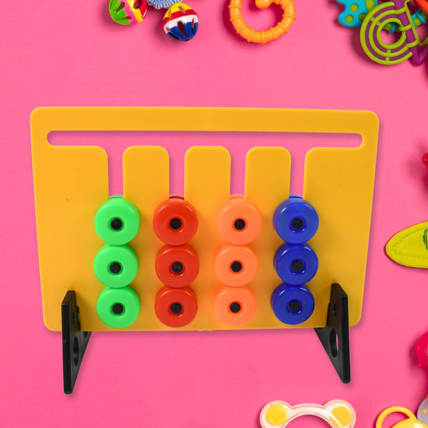 Arrangement of Montessori Slide Puzzle pieces on its sturdy game board.