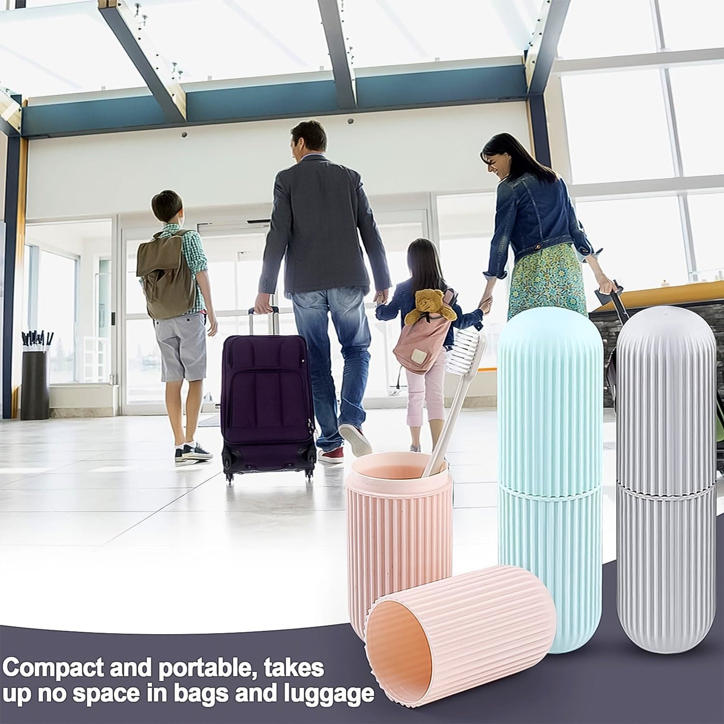 Hand holding a blue Konvex travel toothbrush holder, showcasing its portable design.