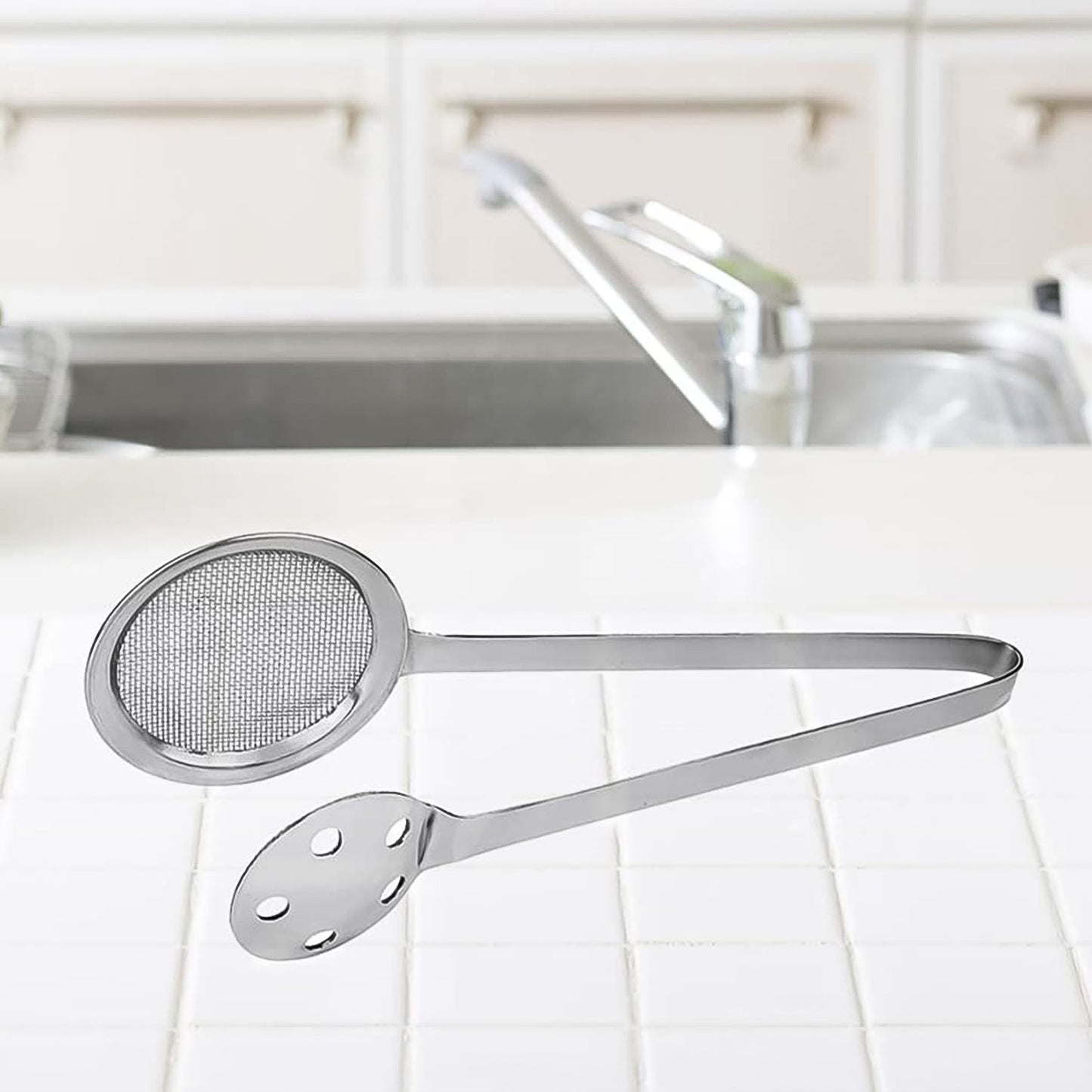 Apex skimmer tong kitchen utensil in polished stainless steel for cooking