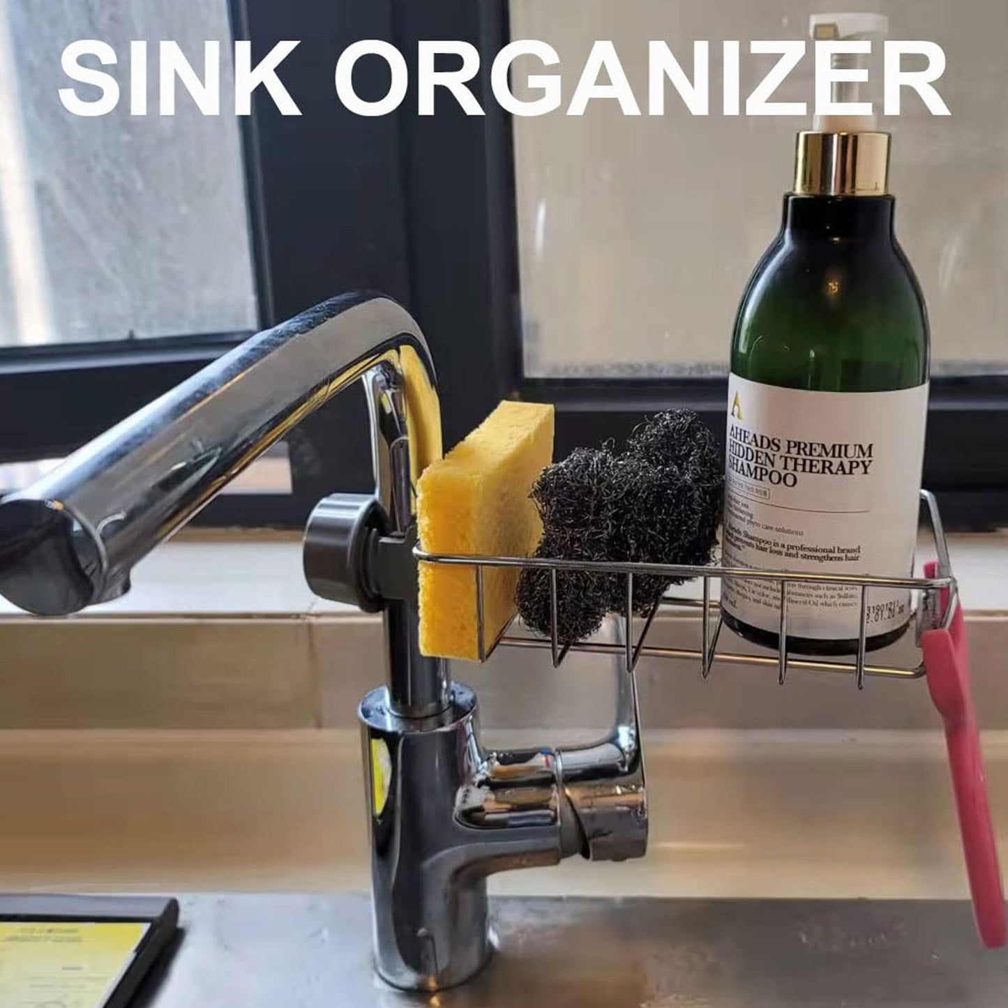 Clamp clip detail on stainless steel sink organizer holder