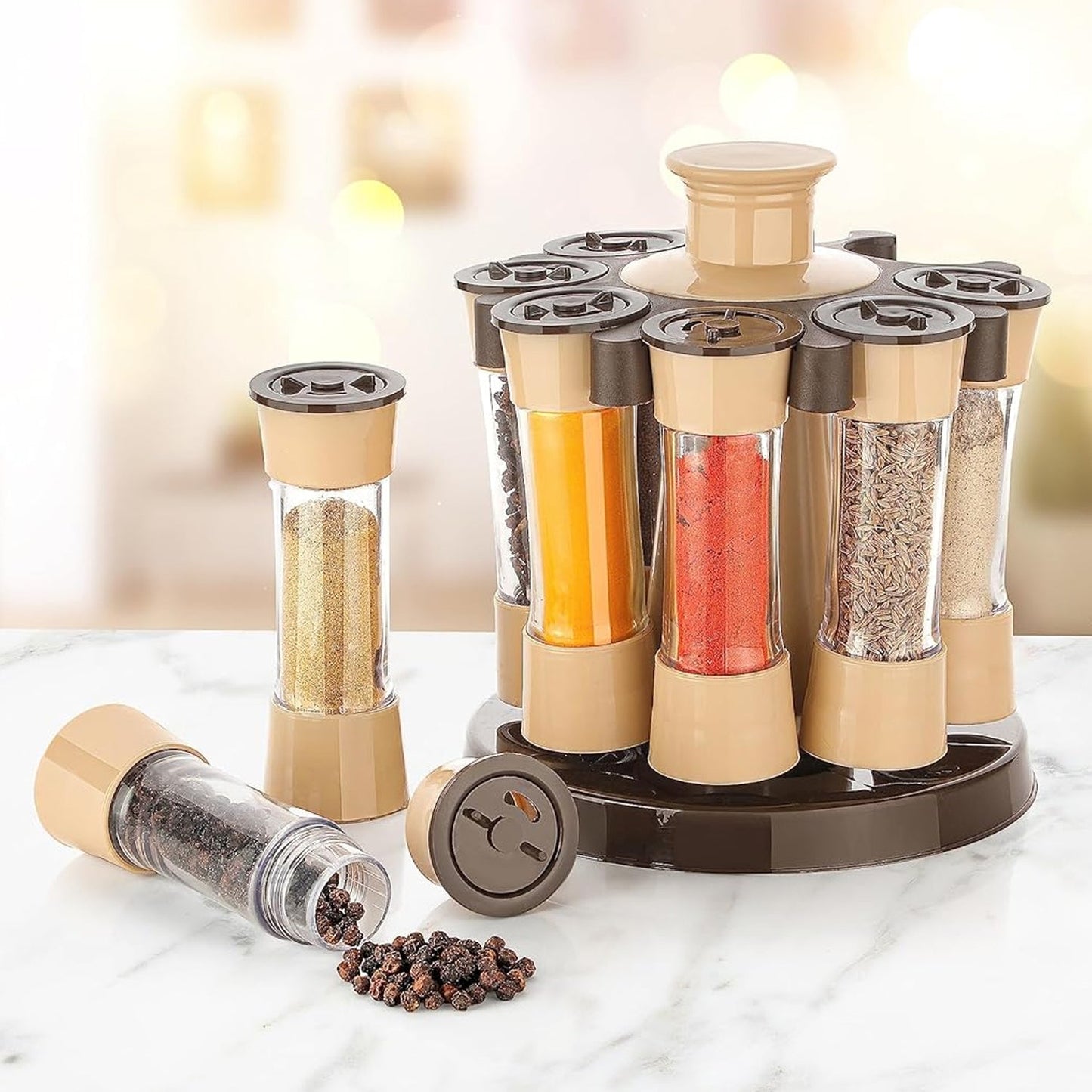 Revolving spice rack with 8 transparent jars displayed on a kitchen counter.