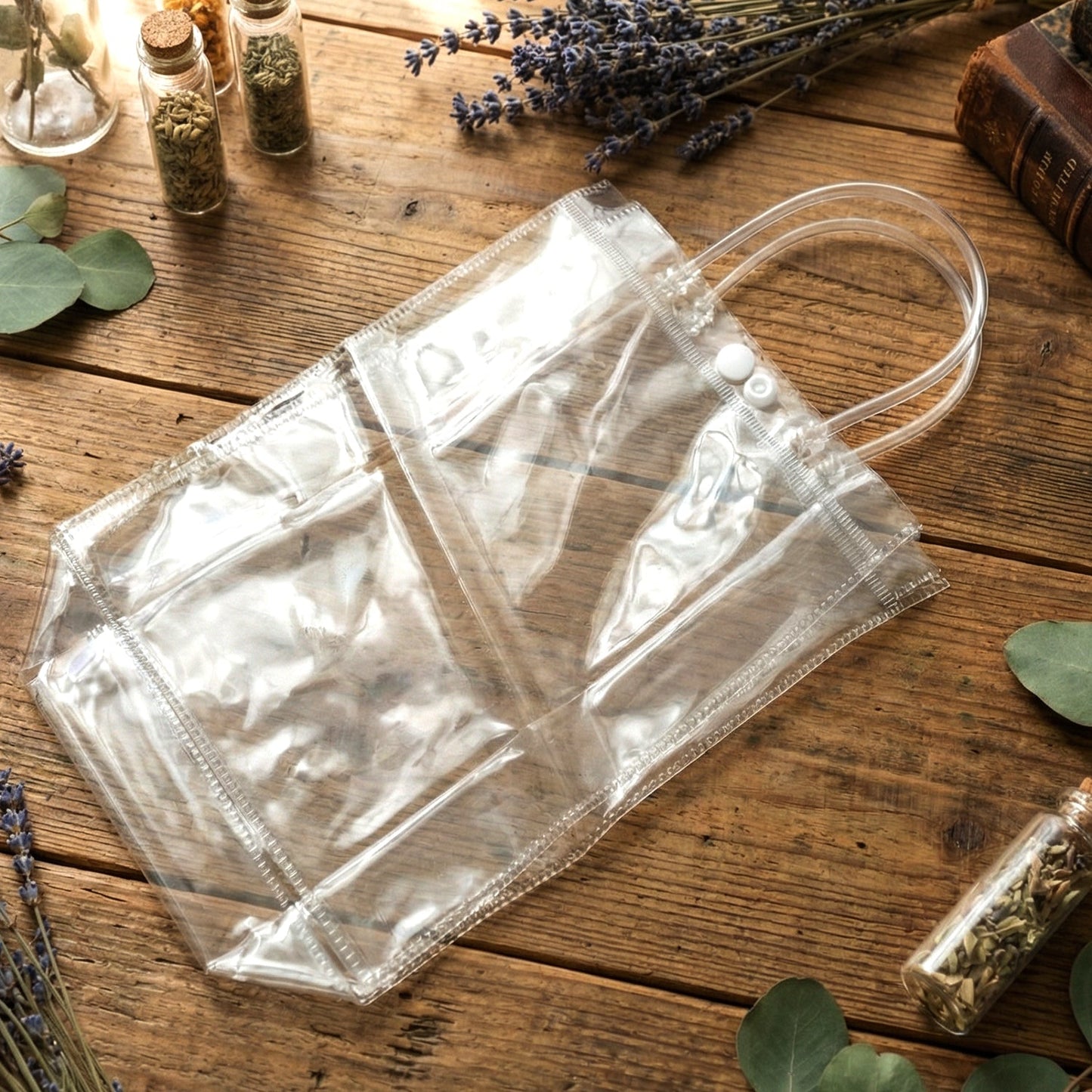 Compact clear stationery pouch inside transparent PVC carry bag