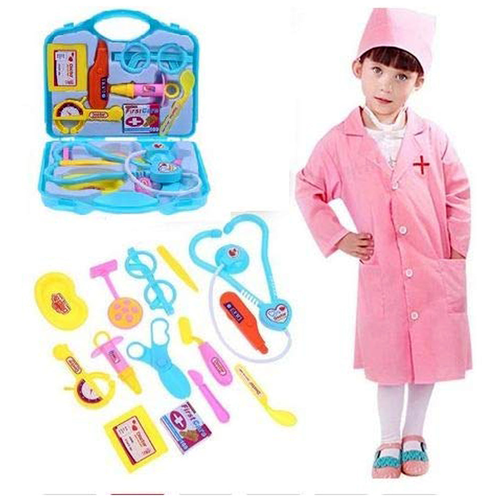 Multicoloured toy doctor kit for children arranged neatly.