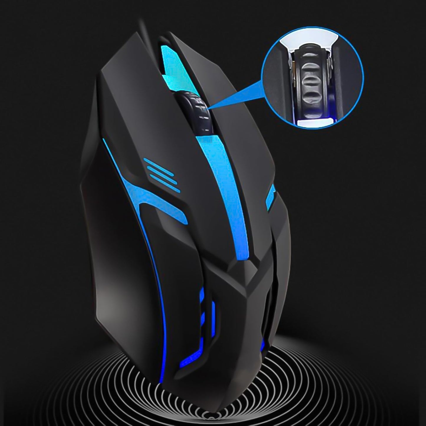Close-up side profile of the wired optical mouse, emphasizing its comfortable grip.