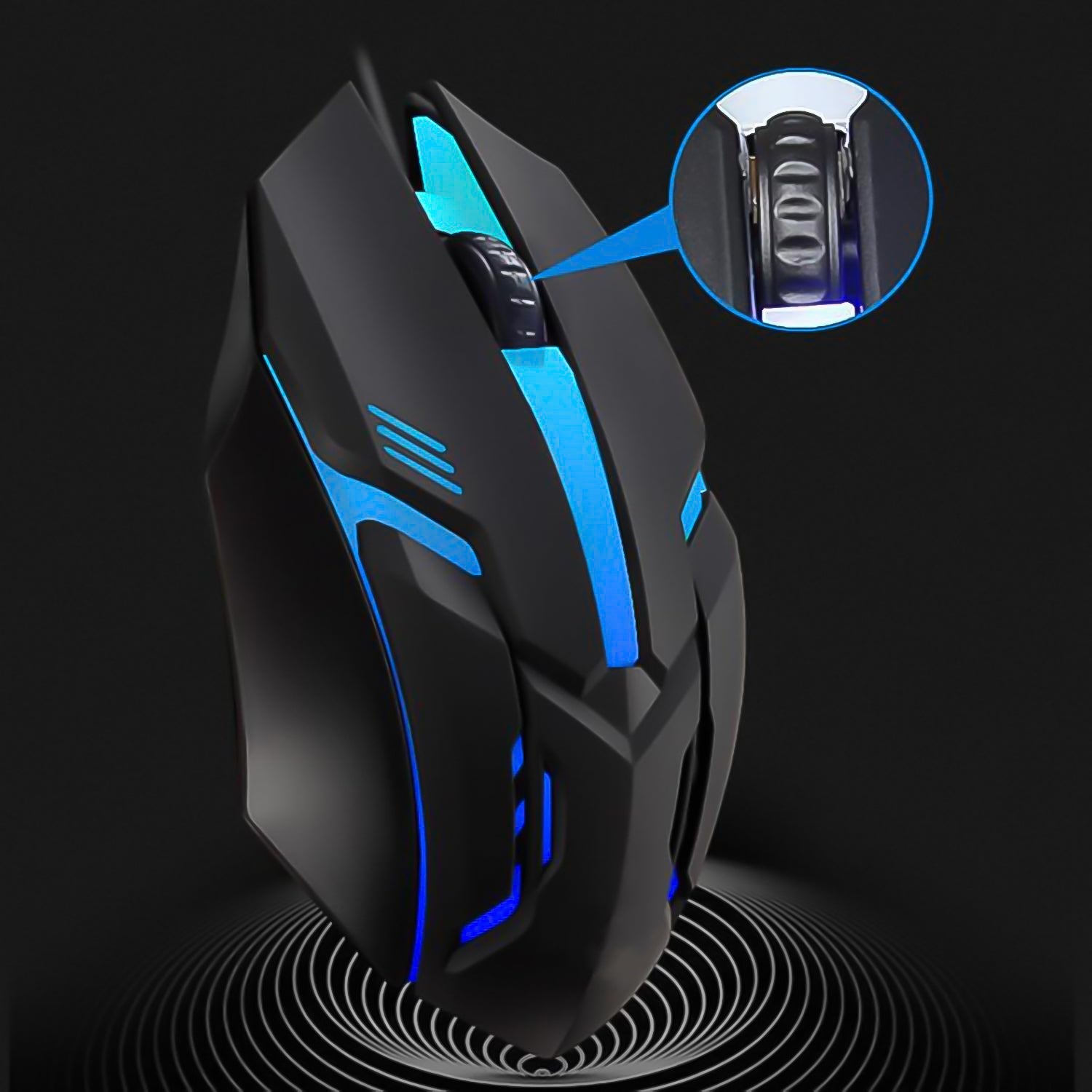 Close-up side profile of the wired optical mouse, emphasizing its comfortable grip.