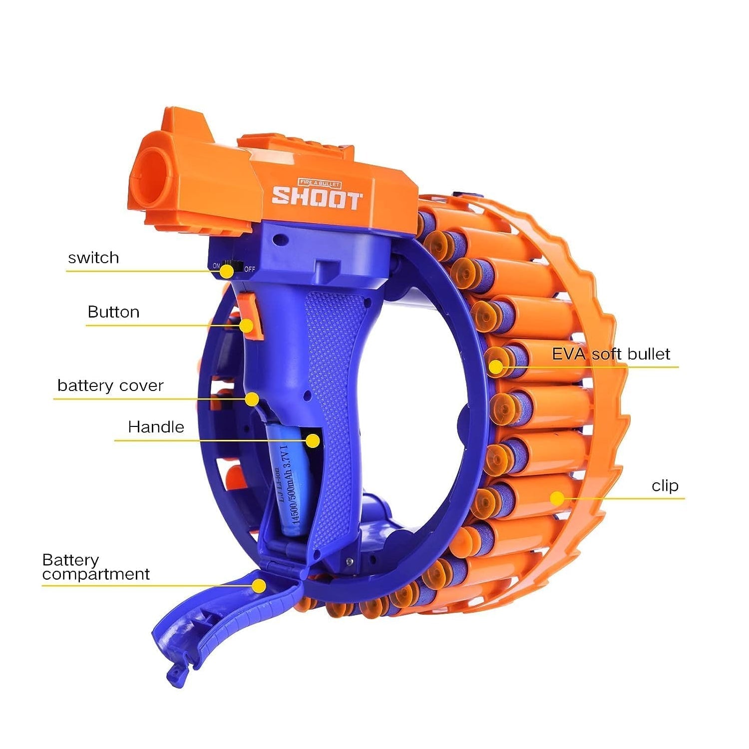 Disassembled view of the electric toy gun, highlighting its components and soft bullets.