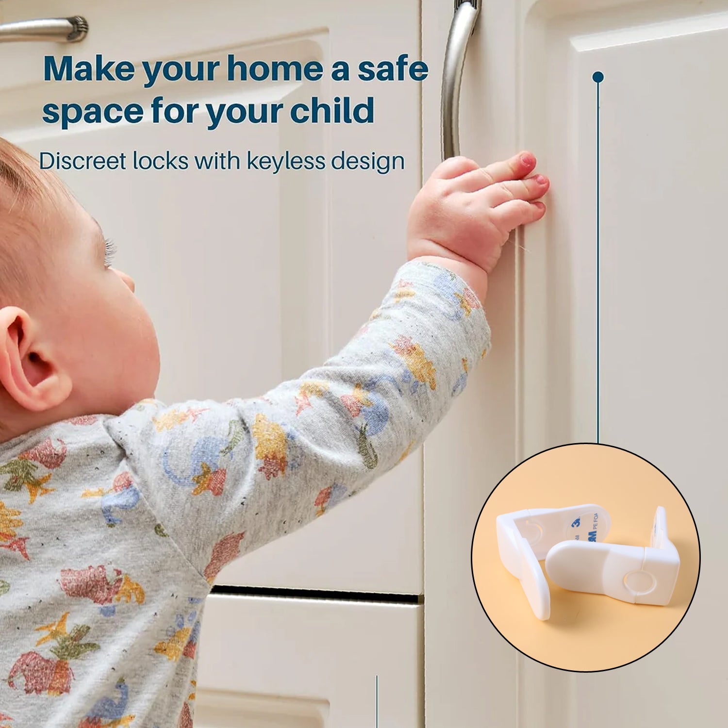 Side angle view of baby safety cabinet lock for drawers