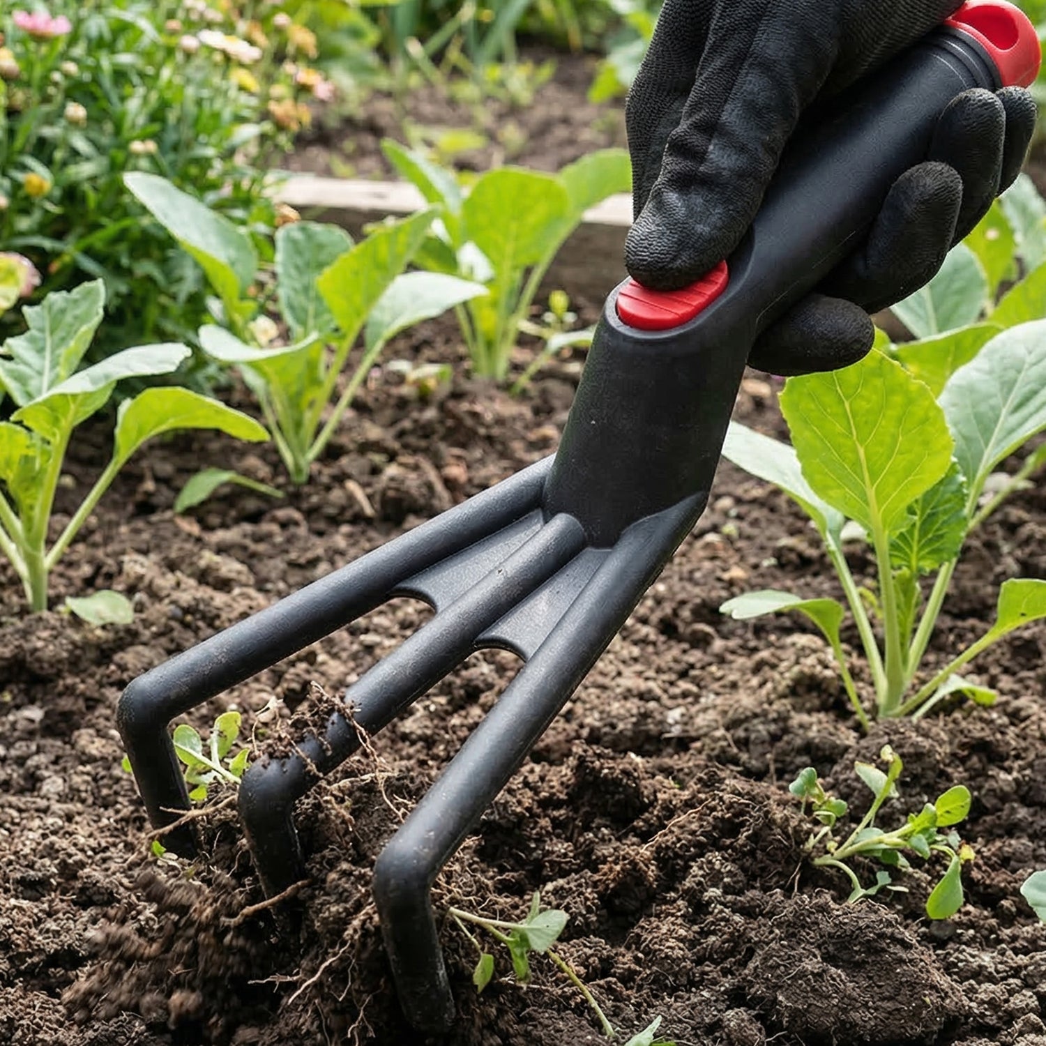 Soil rake for weeding and garden maintenance in plastic material
