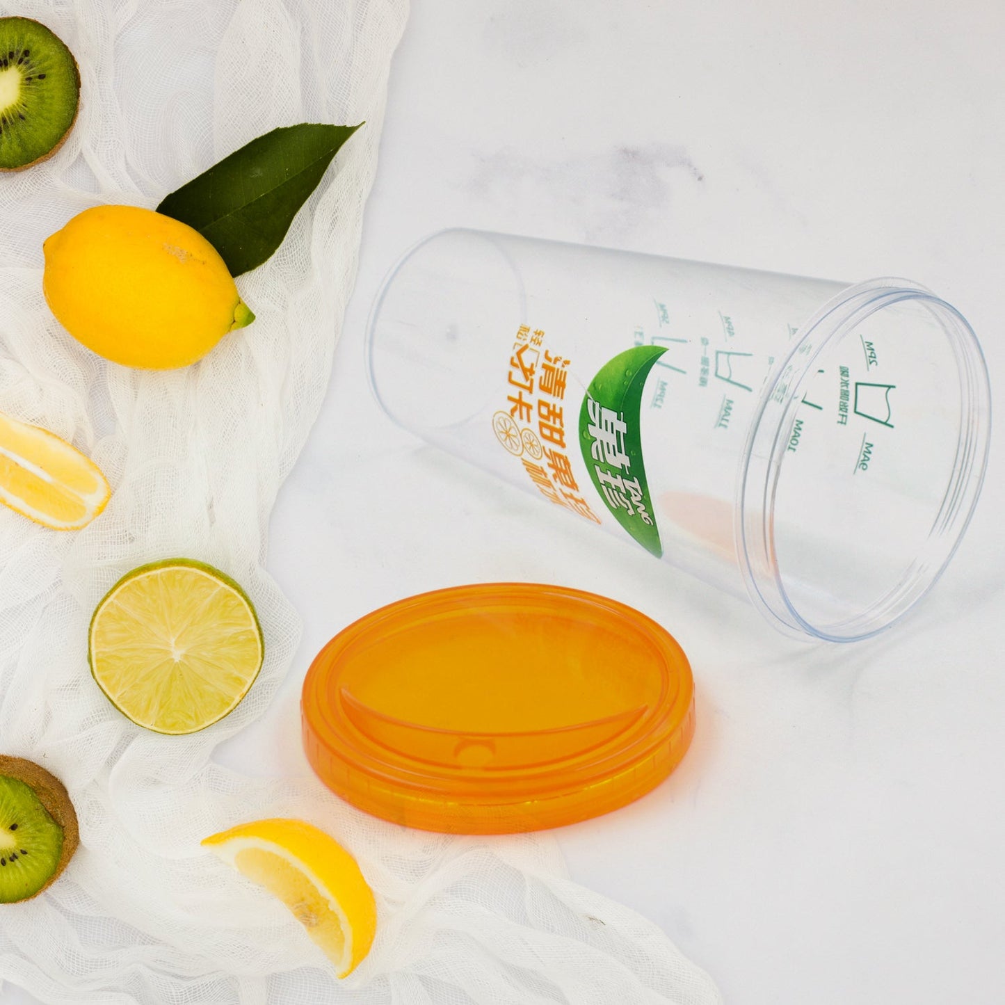 A refreshing beverage served in the clear plastic water cup.