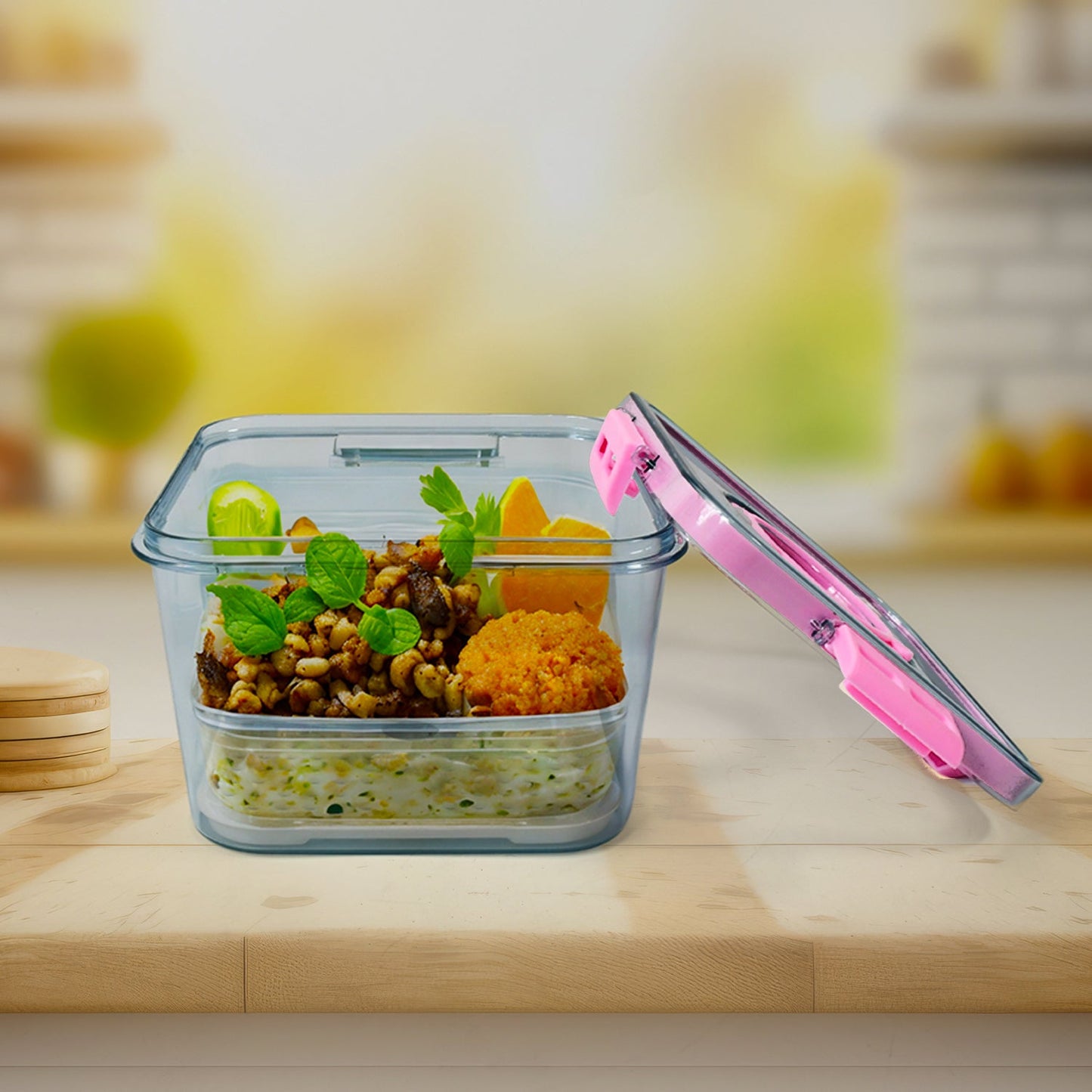 Clear plastic food container, ideal for meal prep and portion control.