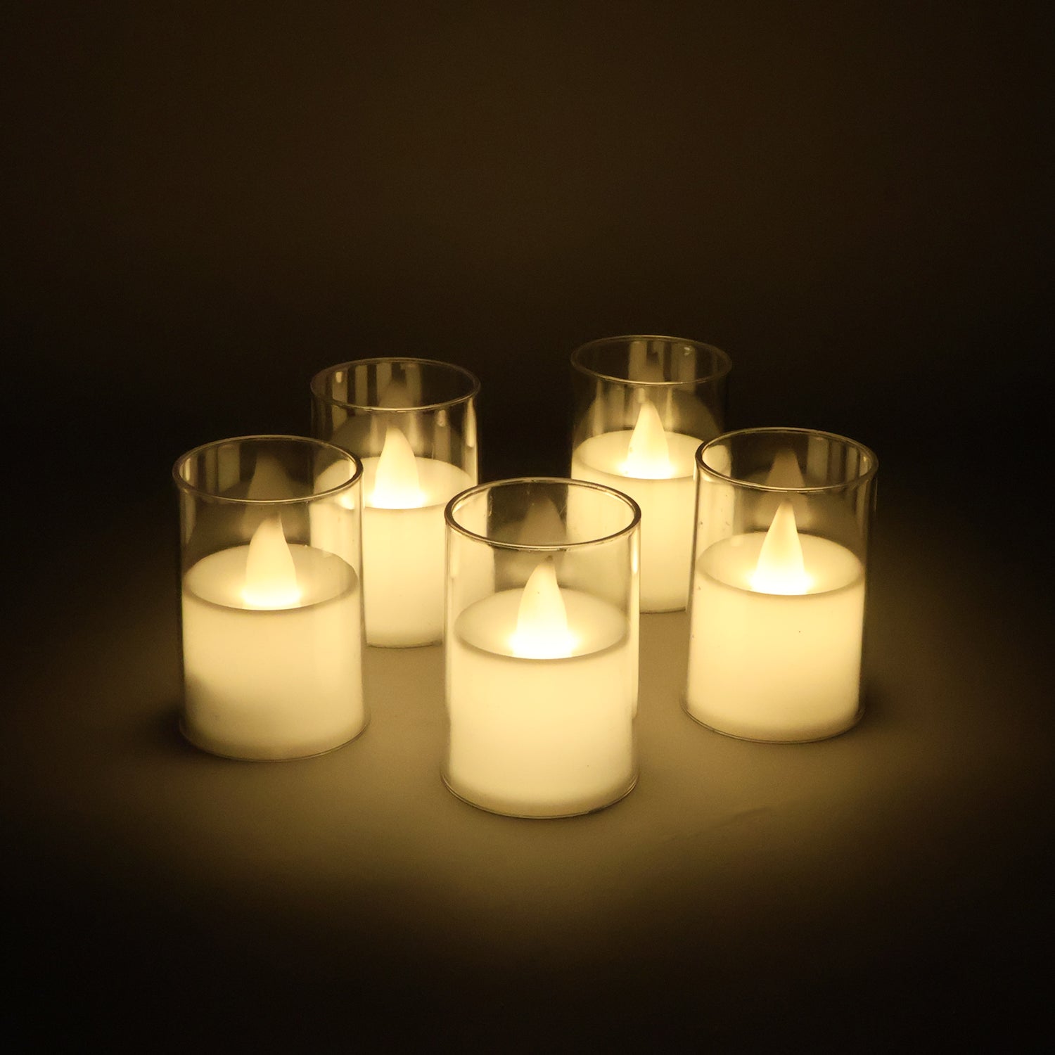 Flameless votive candles providing soft ambient decor lighting