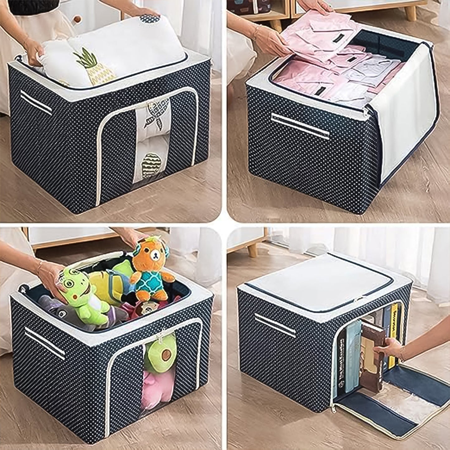 The dust-proof fabric clothes storage box showcasing its front dual zipper access.
