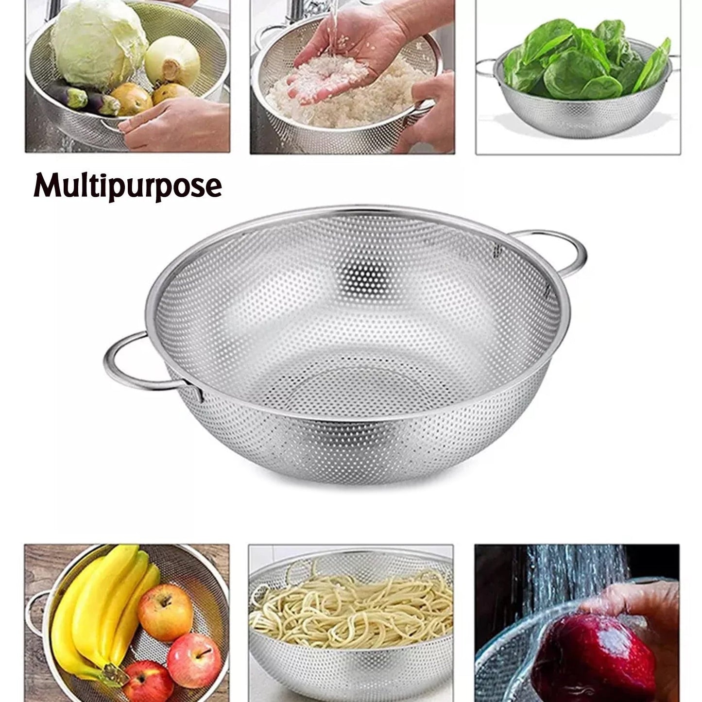 Detailed view of the colander's rust-resistant stainless steel construction.