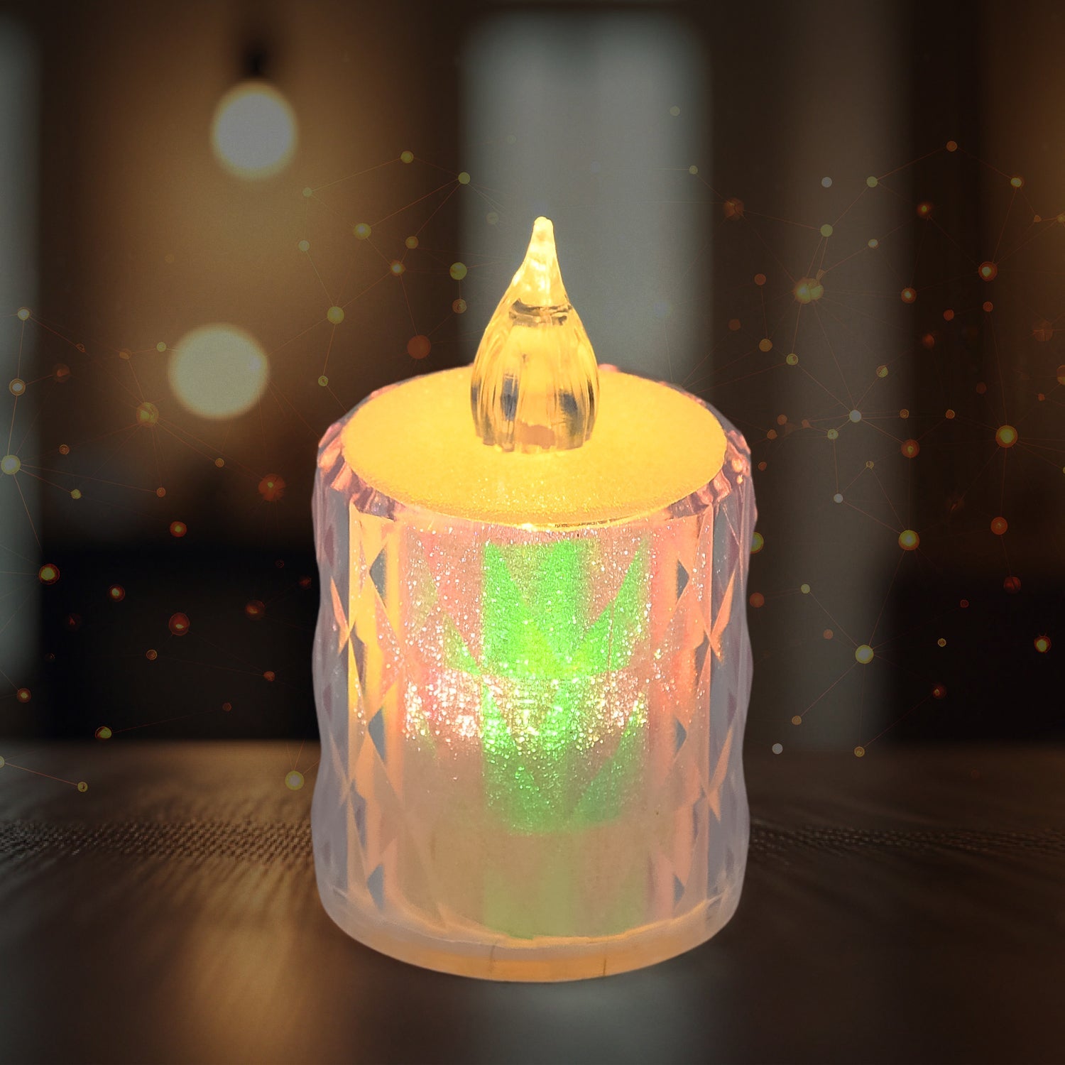 A single LED tealight candle glowing with a warm, realistic flicker on a dark surface.