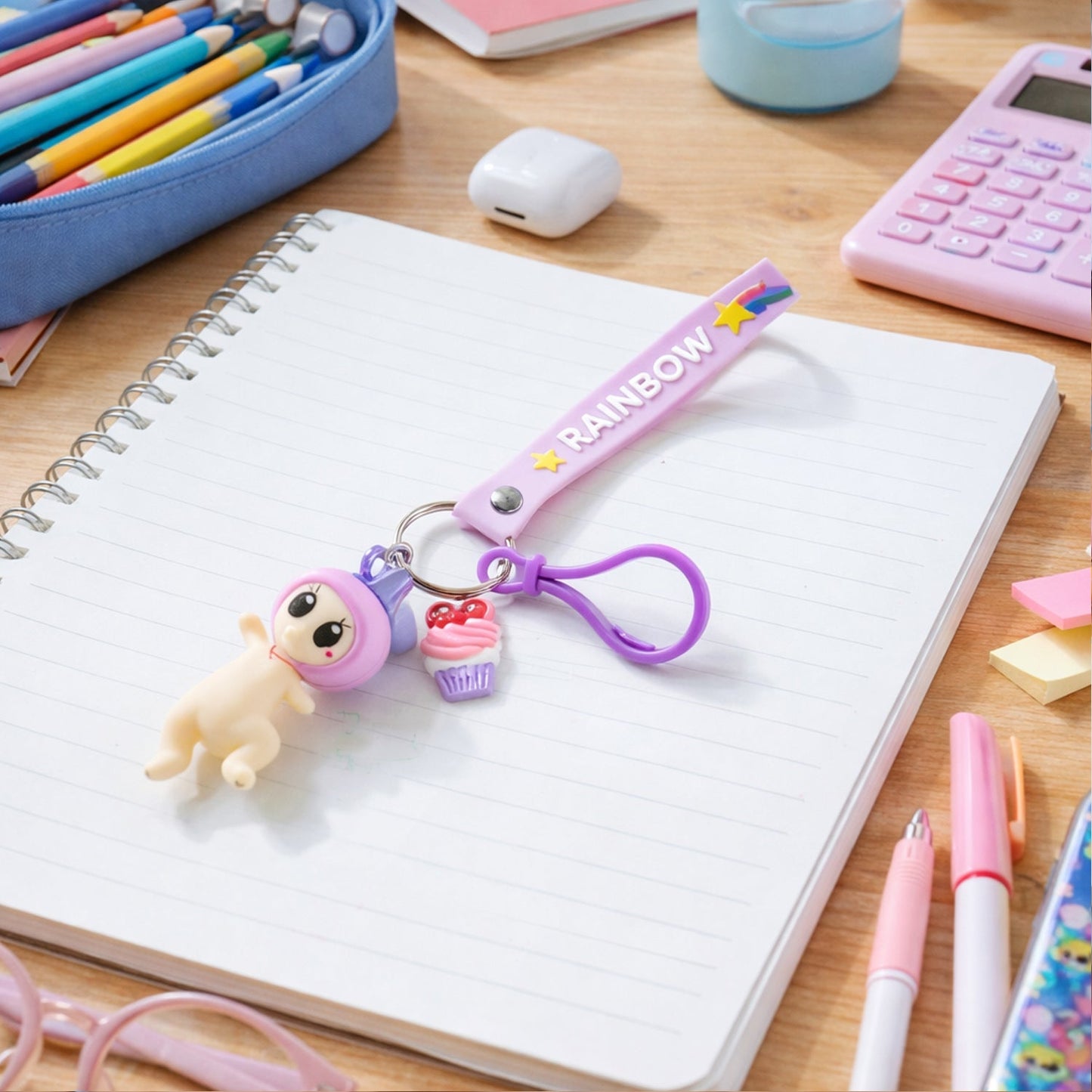 Bag accessory keychain with doll and cupcake charm on rainbow strap