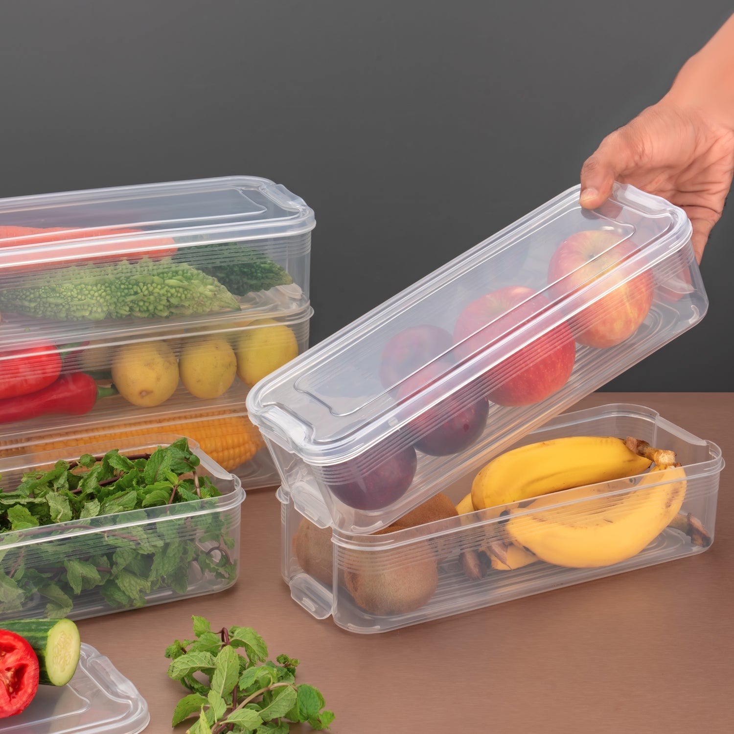 Versatile fridge storage containers keeping meat, fish, and vegetables separate and fresh.