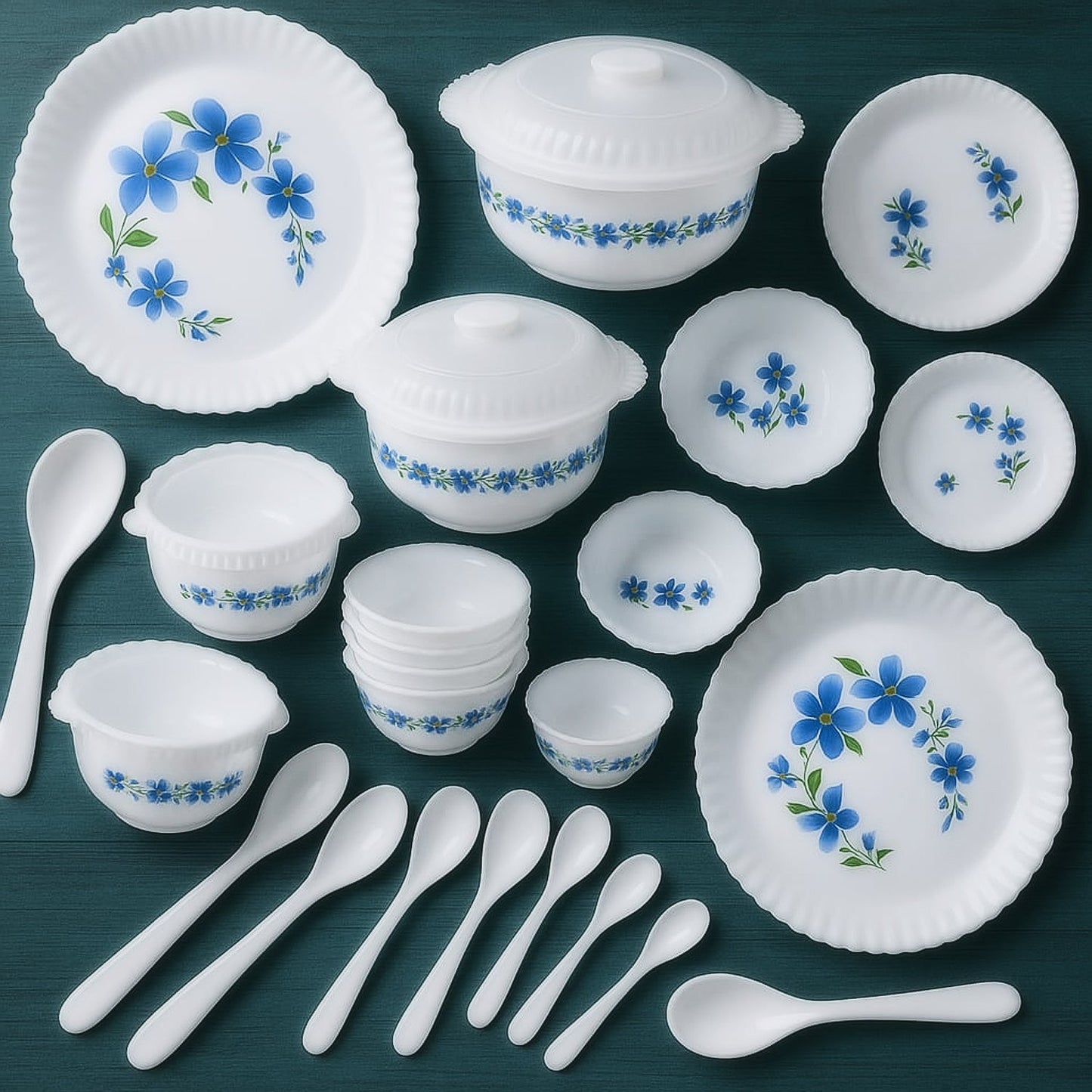 Full plastic dinner plate with elegant fluted edges and blue floral design
