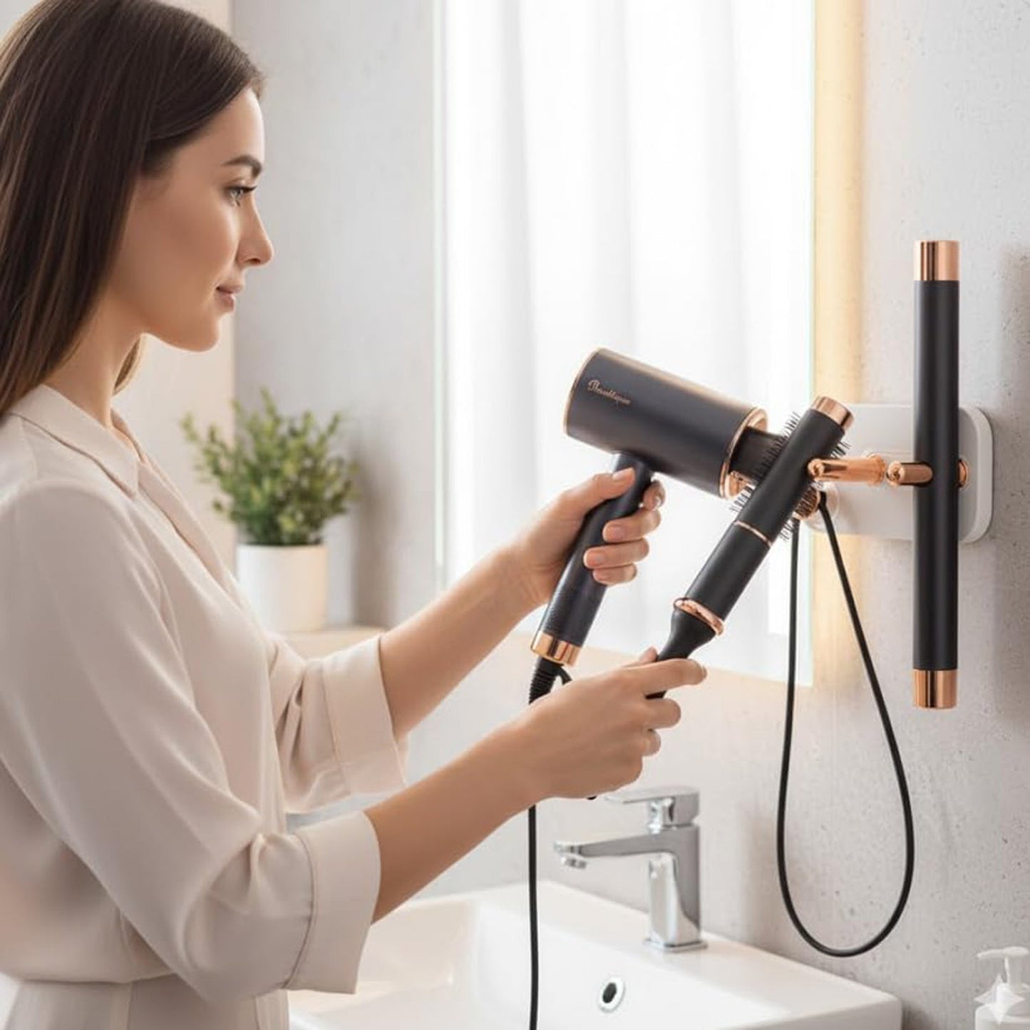 Close-up of heat resistant hair dryer holder on bathroom wall