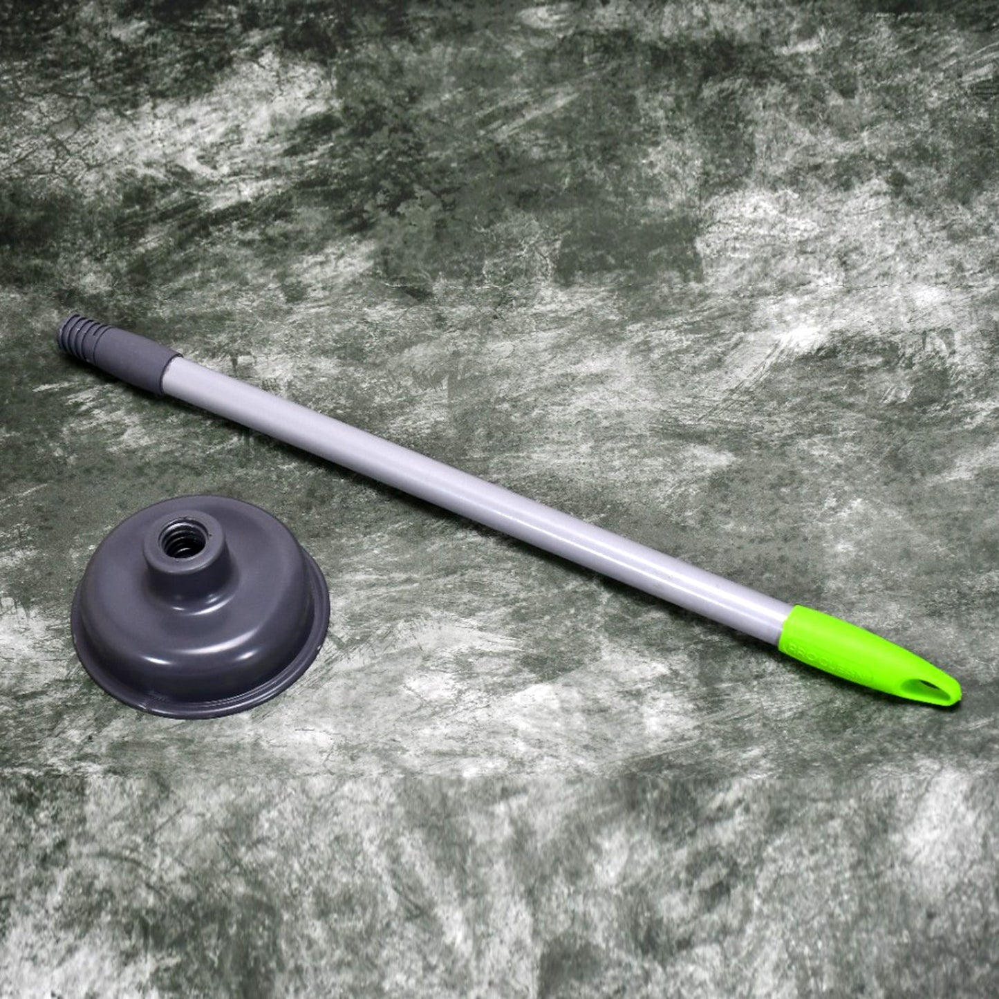 Angled view of a toilet plunger featuring a powerful red rubber cup.