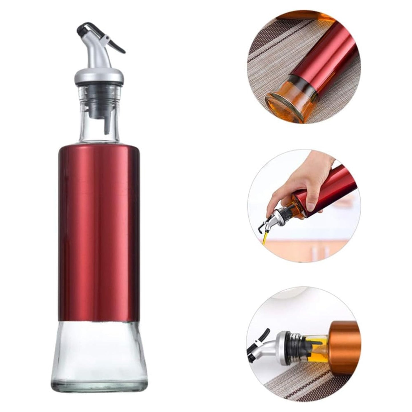 Side view of 300ml glass oil dispenser with plastic covering