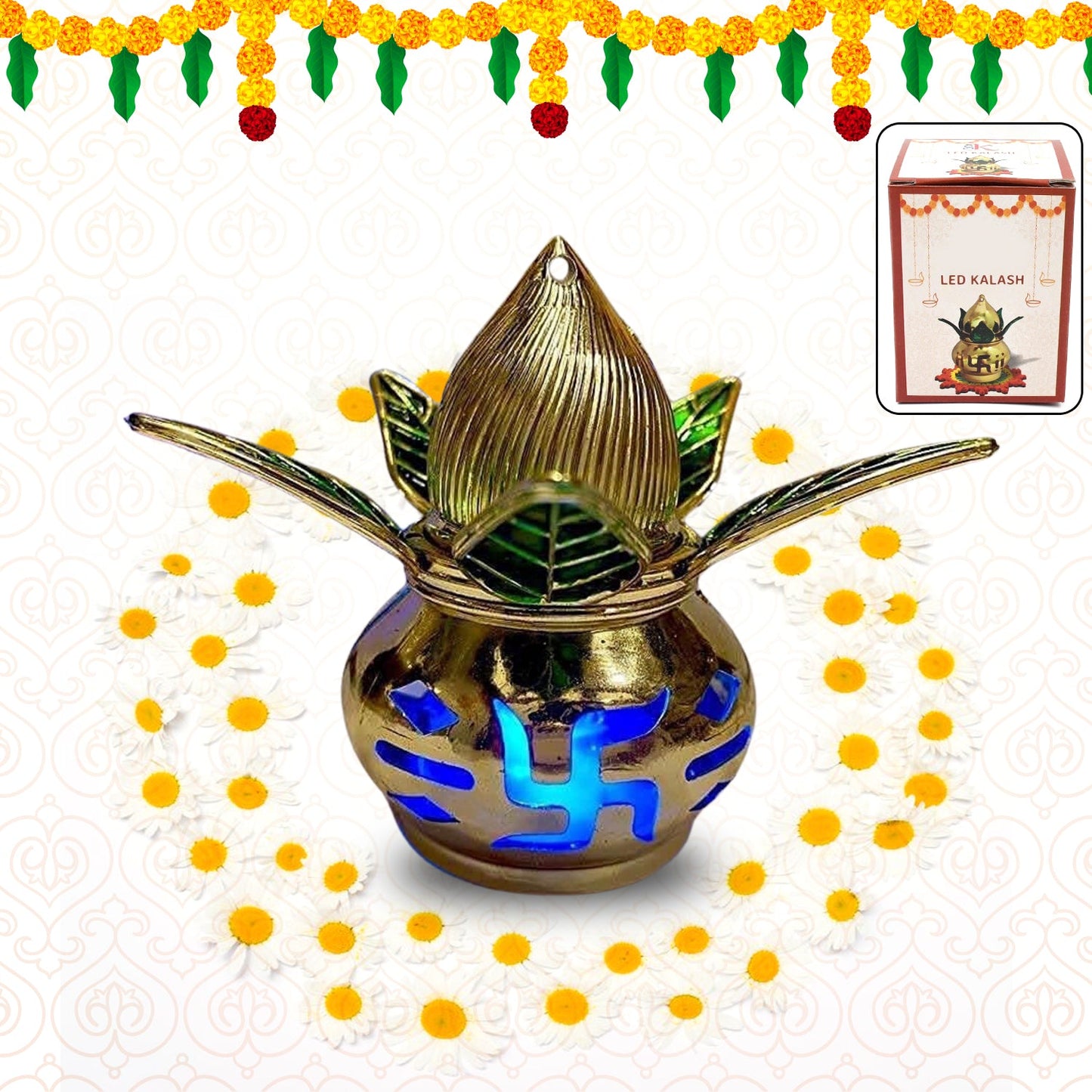 Gold plated LED Kalash glowing with multicolor light, perfect for Pooja Mandir decor.