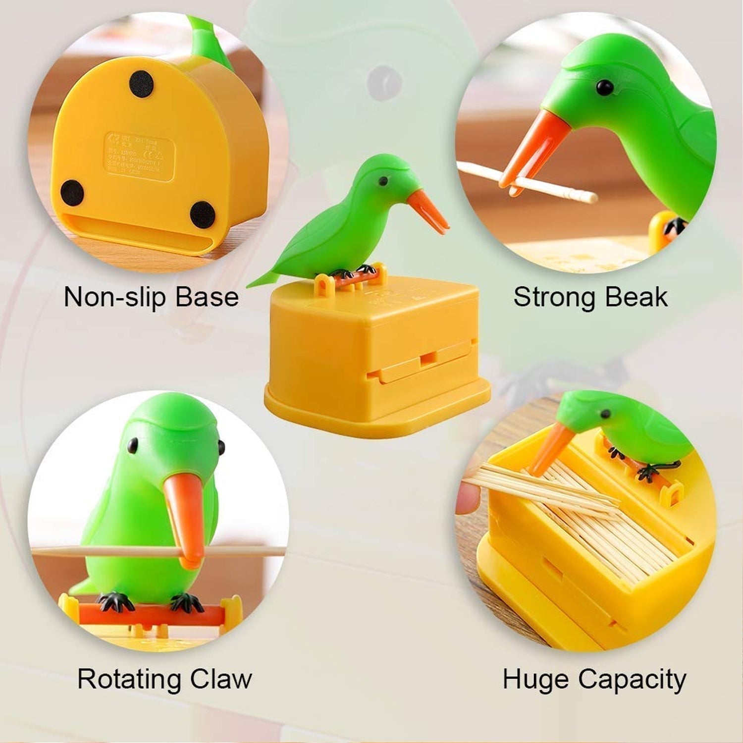 Side profile of portable automatic toothpick dispenser in creative bird shape