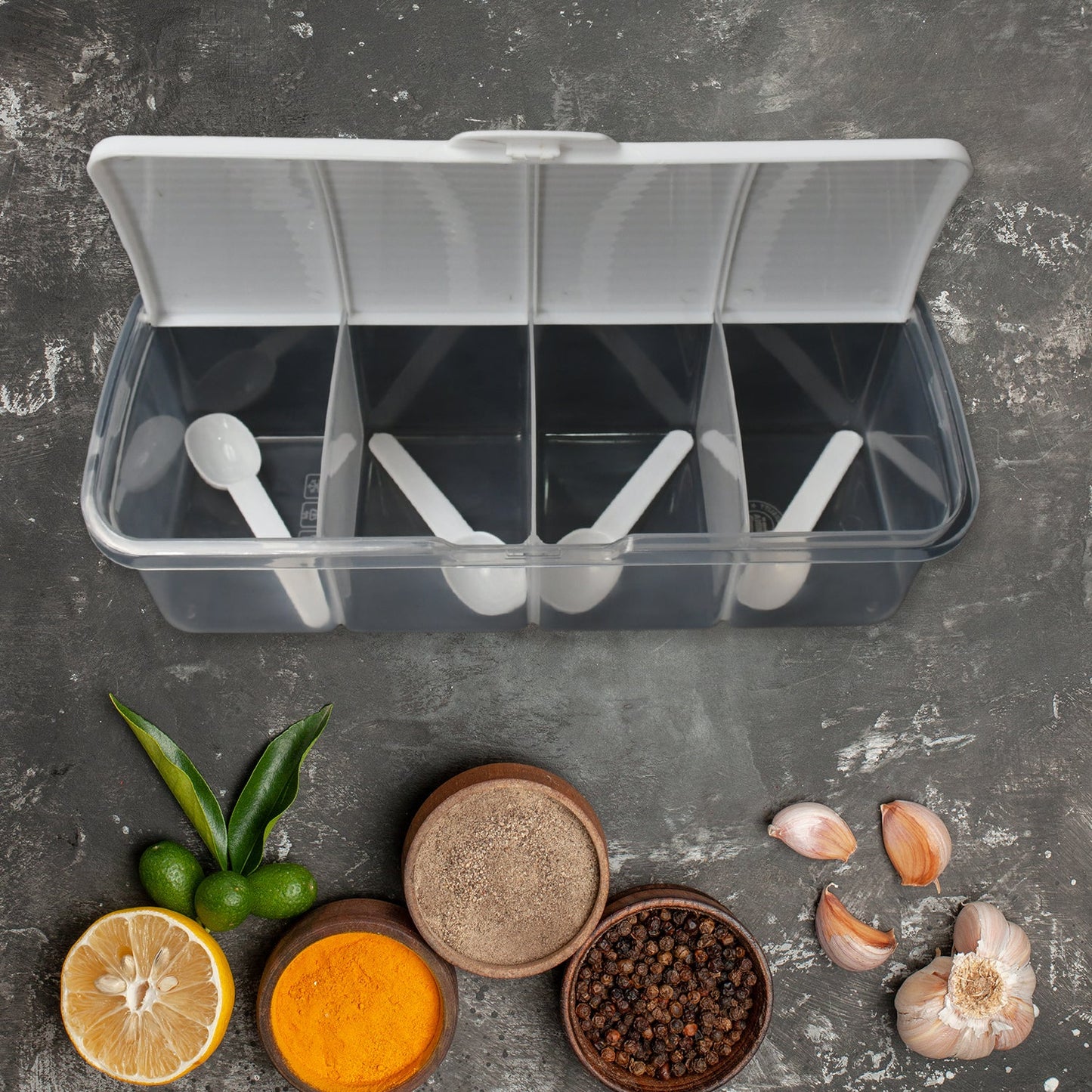 Close-up of an individual section in the multipurpose spice organizer.