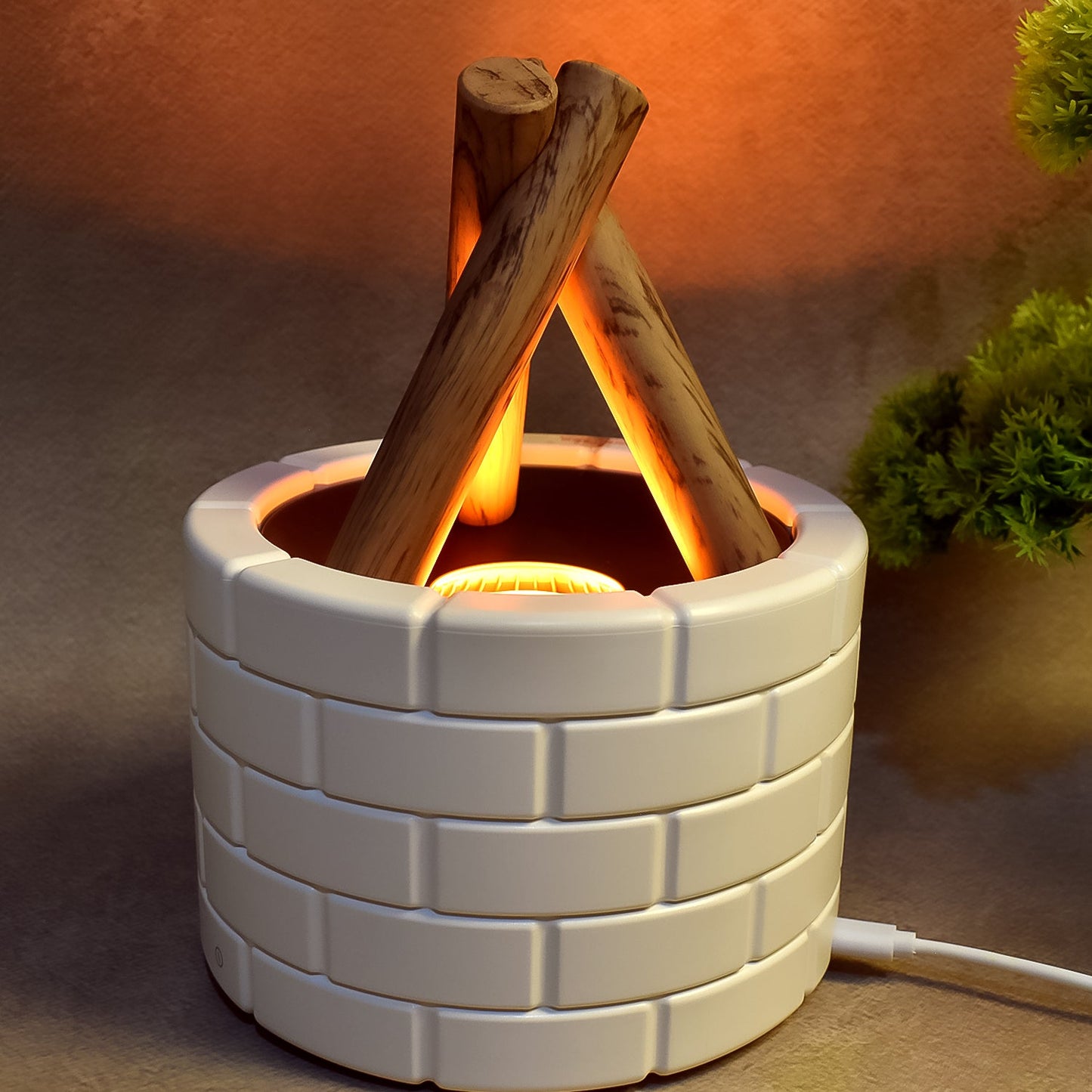 Aromatherapy diffuser with flame effect and subtle mist, enhancing relaxation in a cozy room.