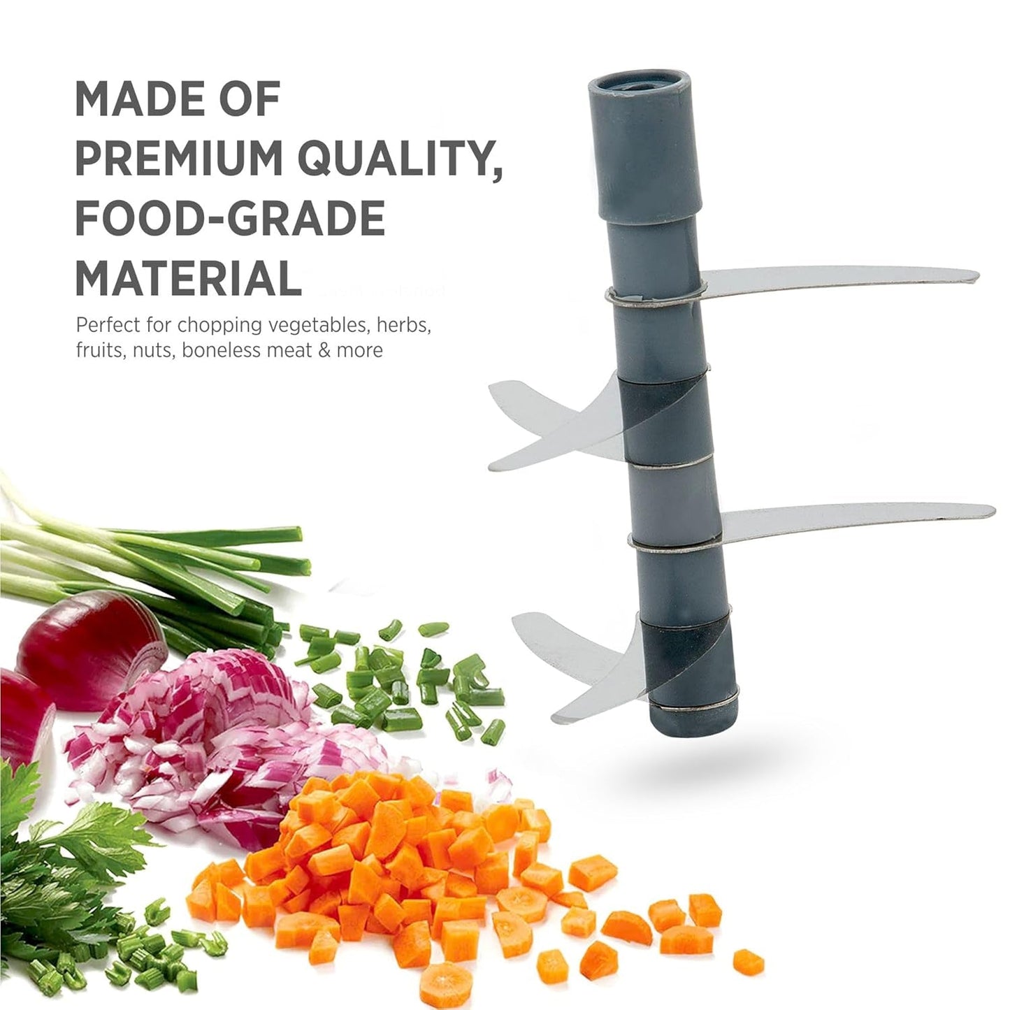 Detail of the manual chopper's six sharp stainless steel blades and integrated safety lock.