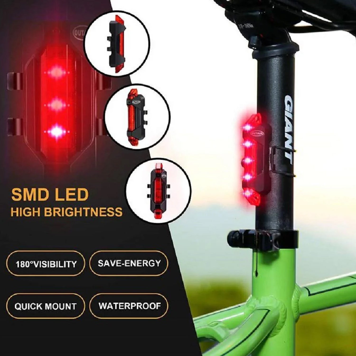 Bicycle LED tail light showing multiple lighting modes including flashing