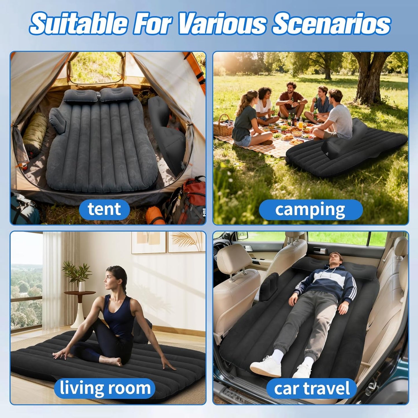 Inflated portable car bed mattress offering head support during long trips