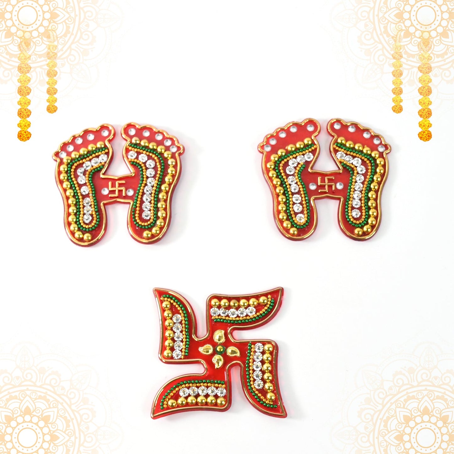 Assorted Laxmi Charan and Swastik decals in bright hues for Diwali décor