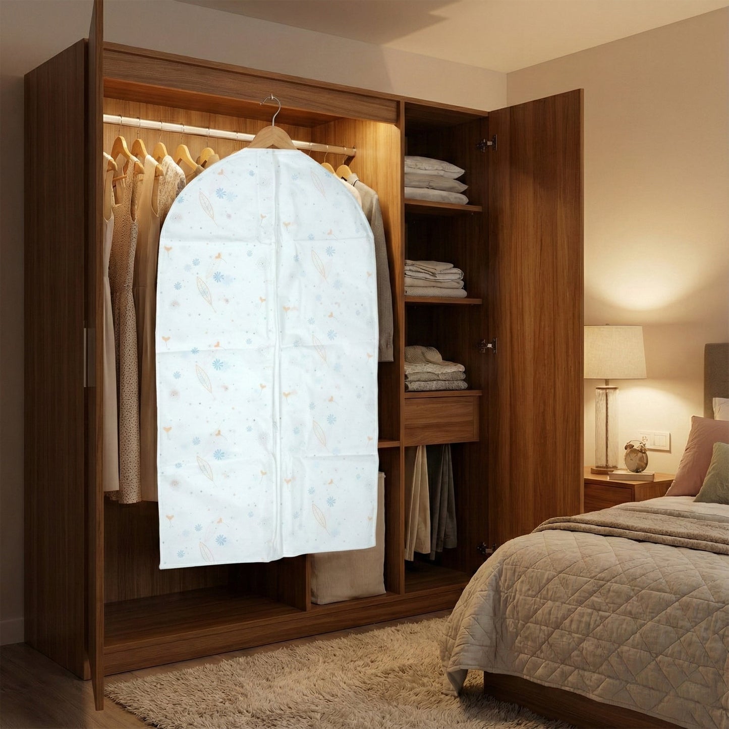 Hanging clothes inside zippered breathable garment cover