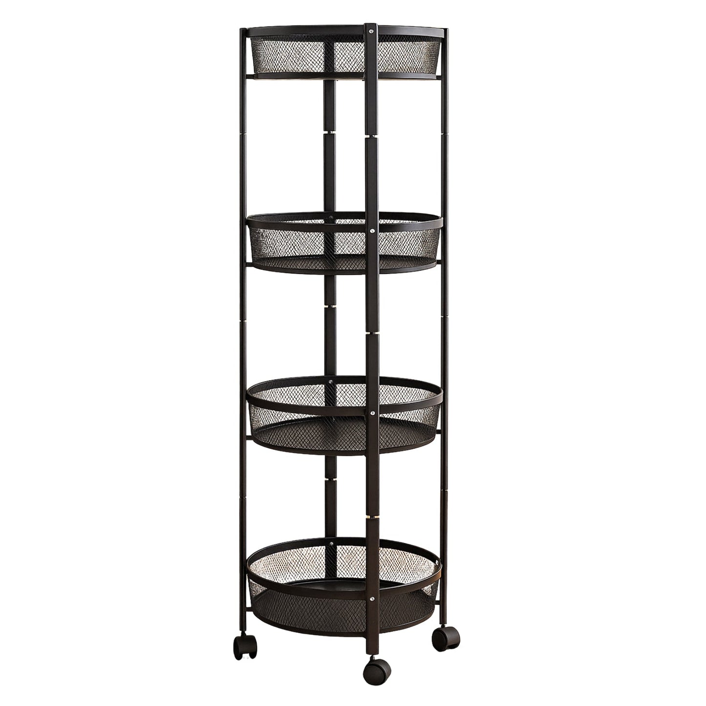All-purpose 4-tier round mesh storage trolley ideal for kitchen and bathroom