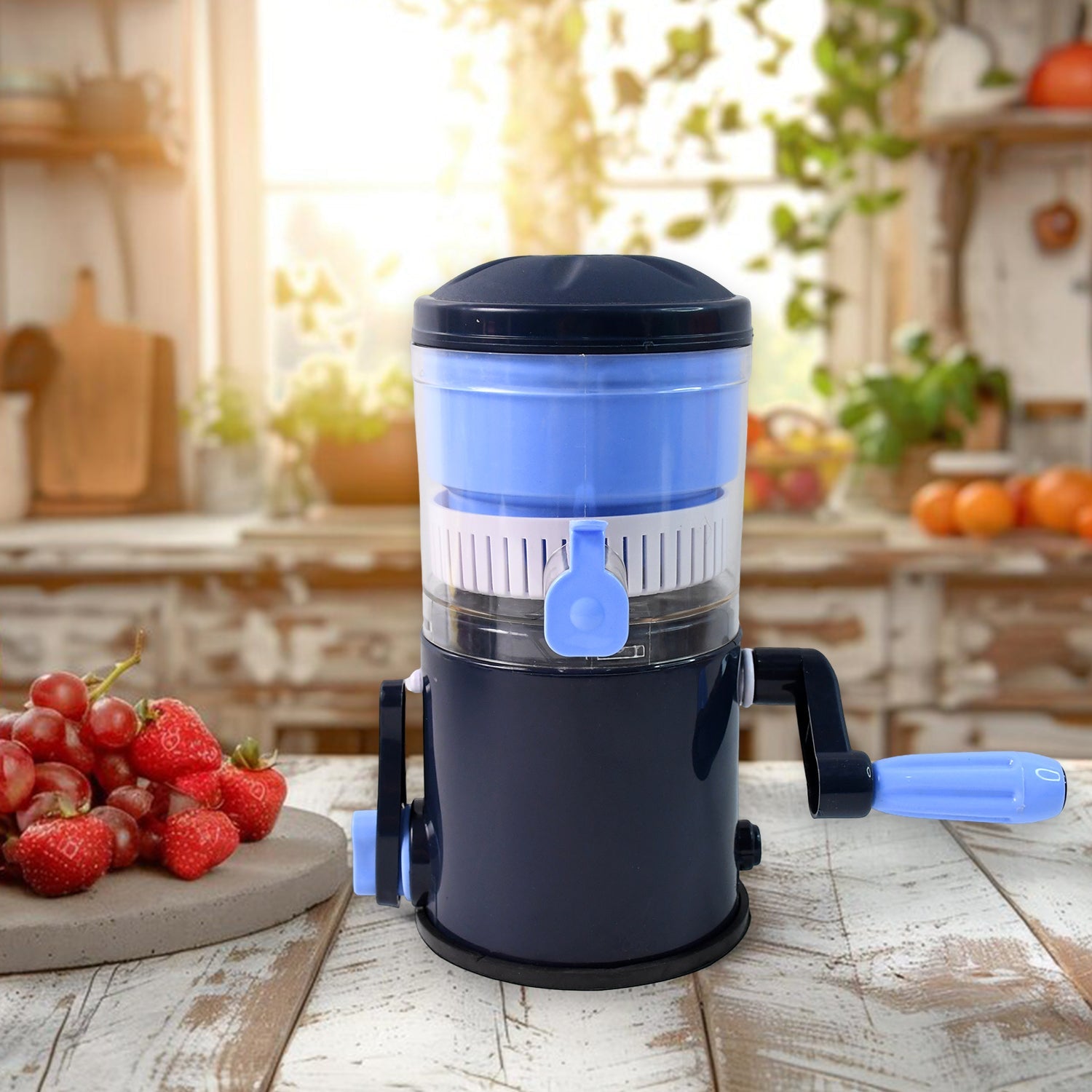 Angled view of Ritu easy press manual juicer for home use