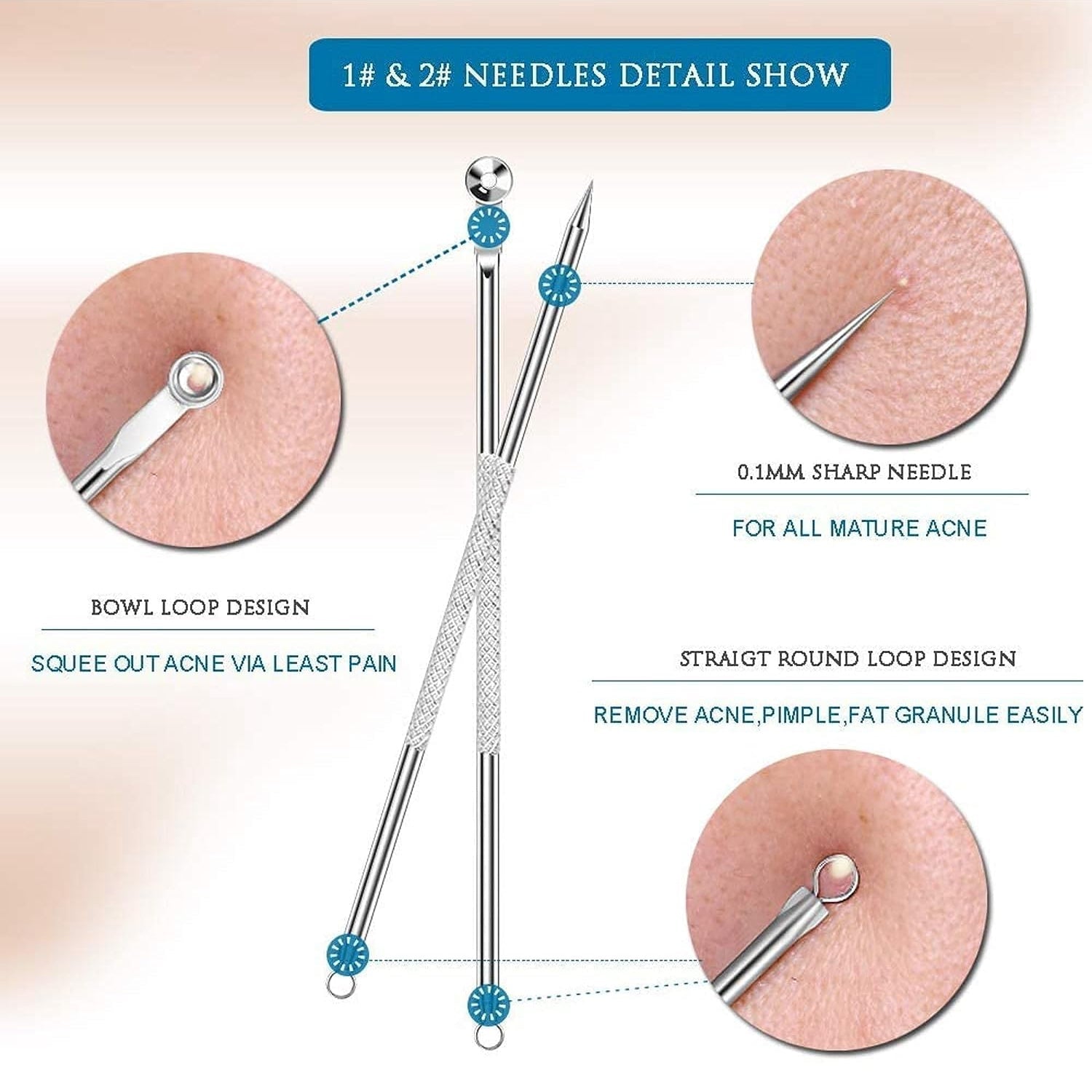 Four different blackhead remover needle tips suited for various blemishes