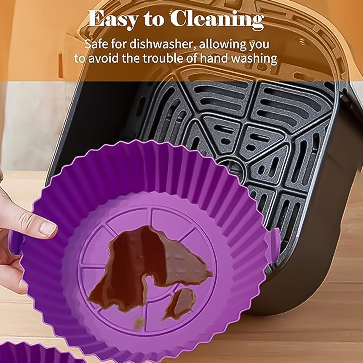 Reusable silicone air fryer pot being washed, highlighting easy cleaning