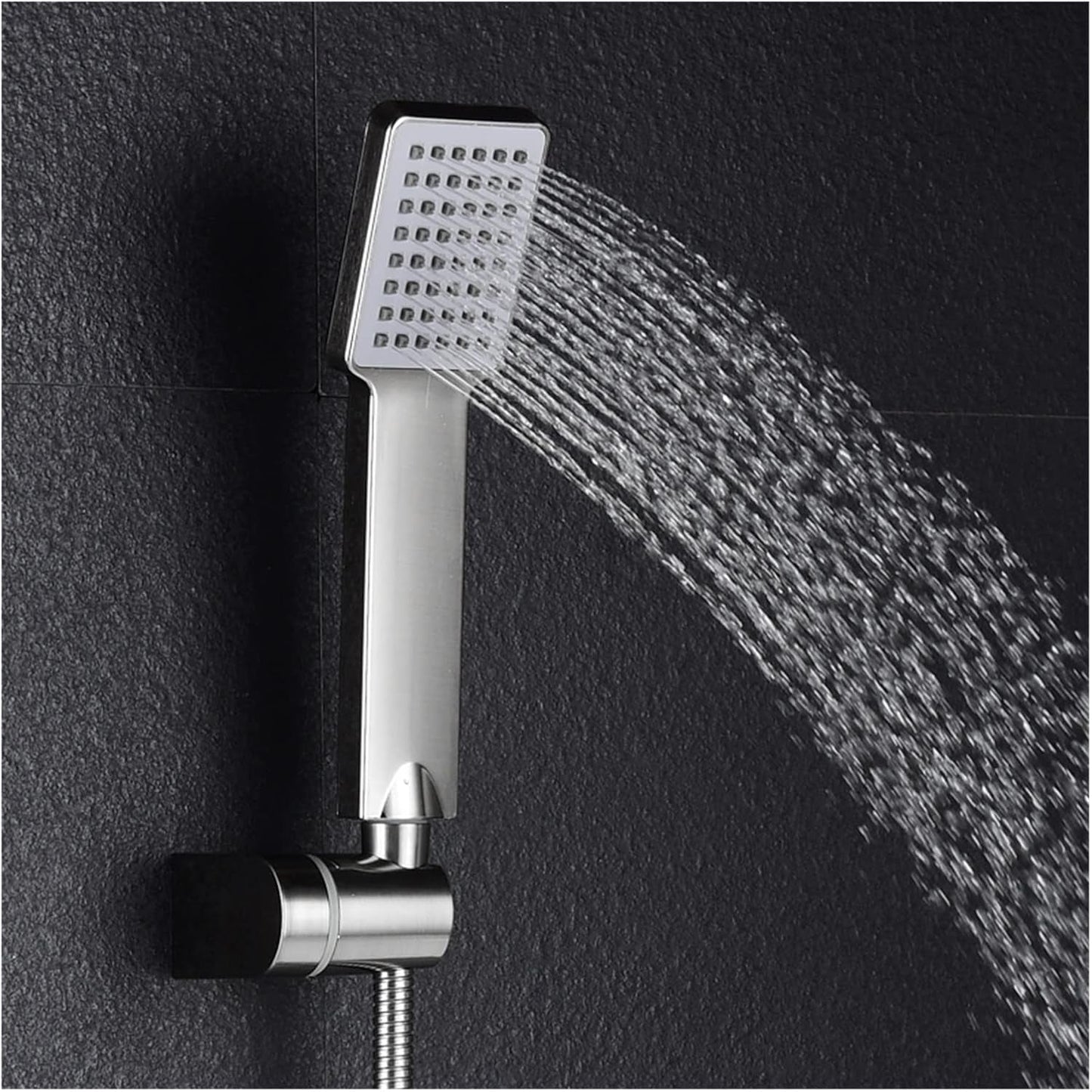High pressure shower head spraying water, showcasing its powerful jet stream.