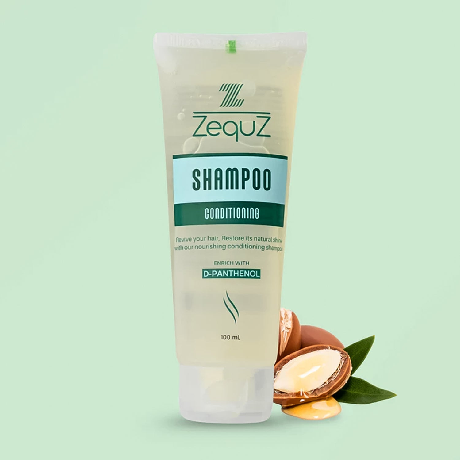 Close-up of Zequz Conditioning Shampoo bottle labeled Shampoo with D-Panthenol